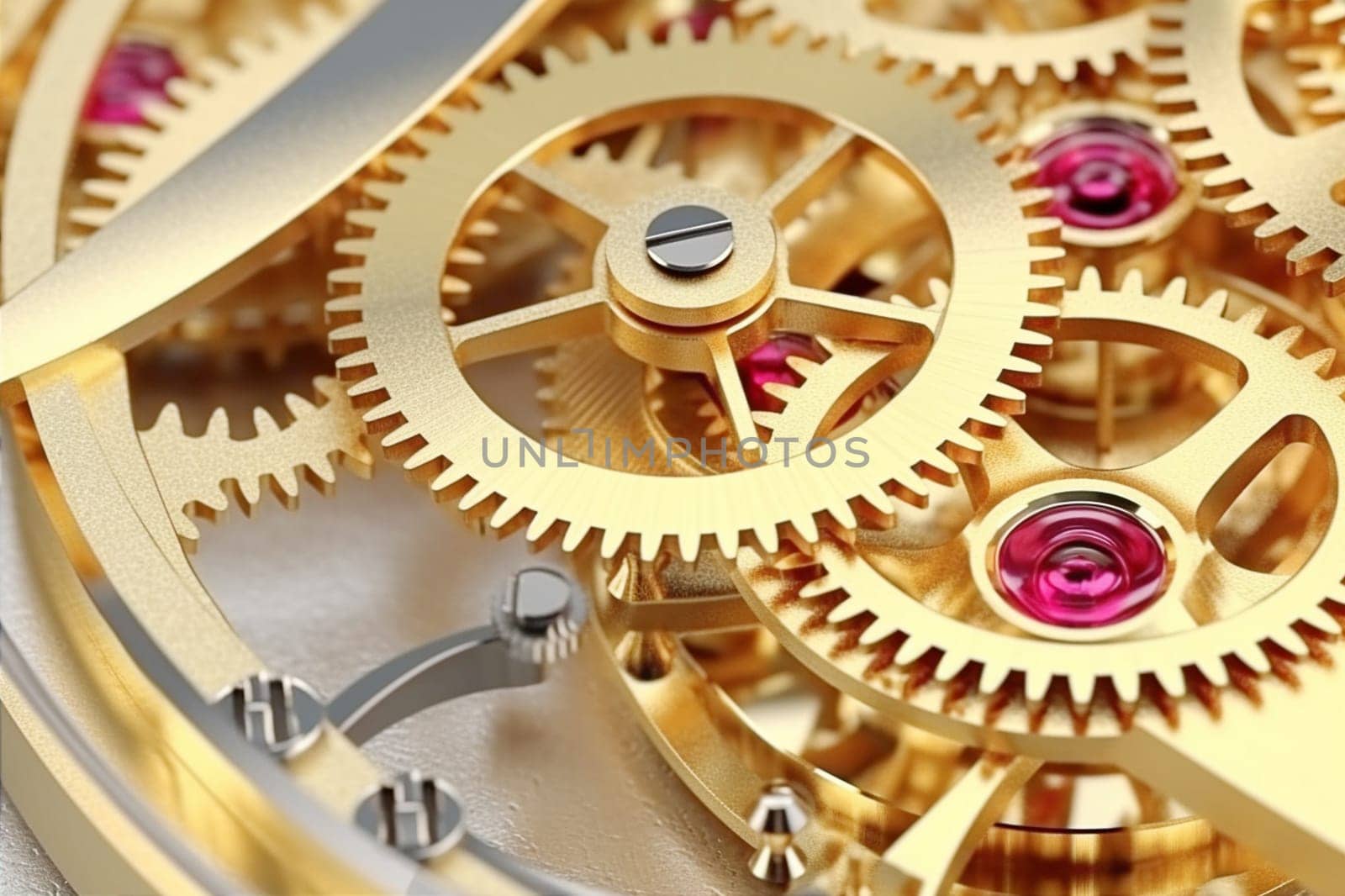 Gears, clock mechanism close-up. Generative AI by Yurich32