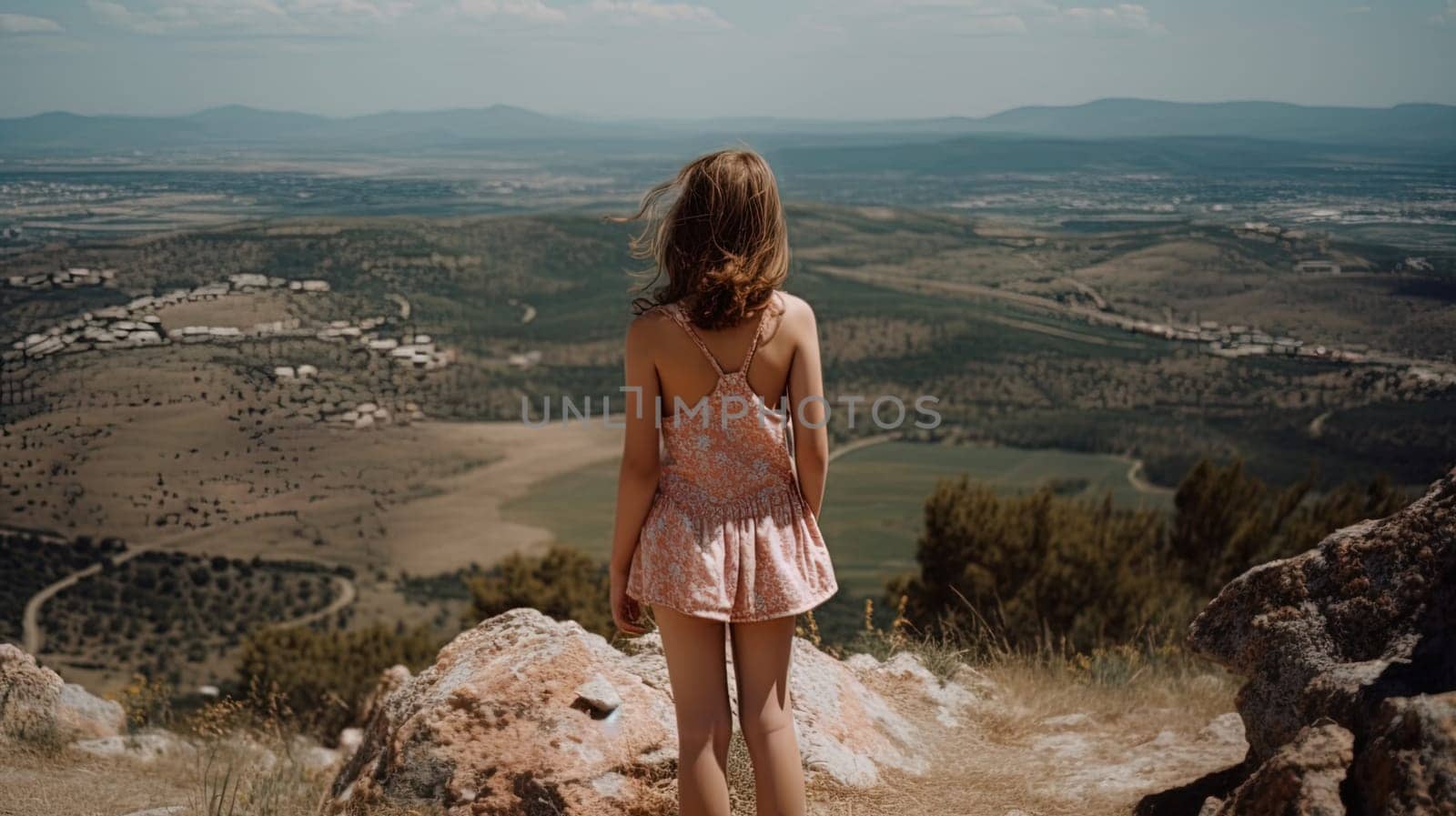 A girl standing on a mountain, in summer. Back view. Generative AI.