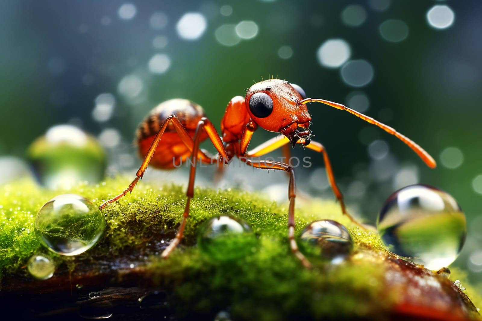 Ant on a tussock with moss and dew, close-up. Macro photography. Generative AI by Yurich32