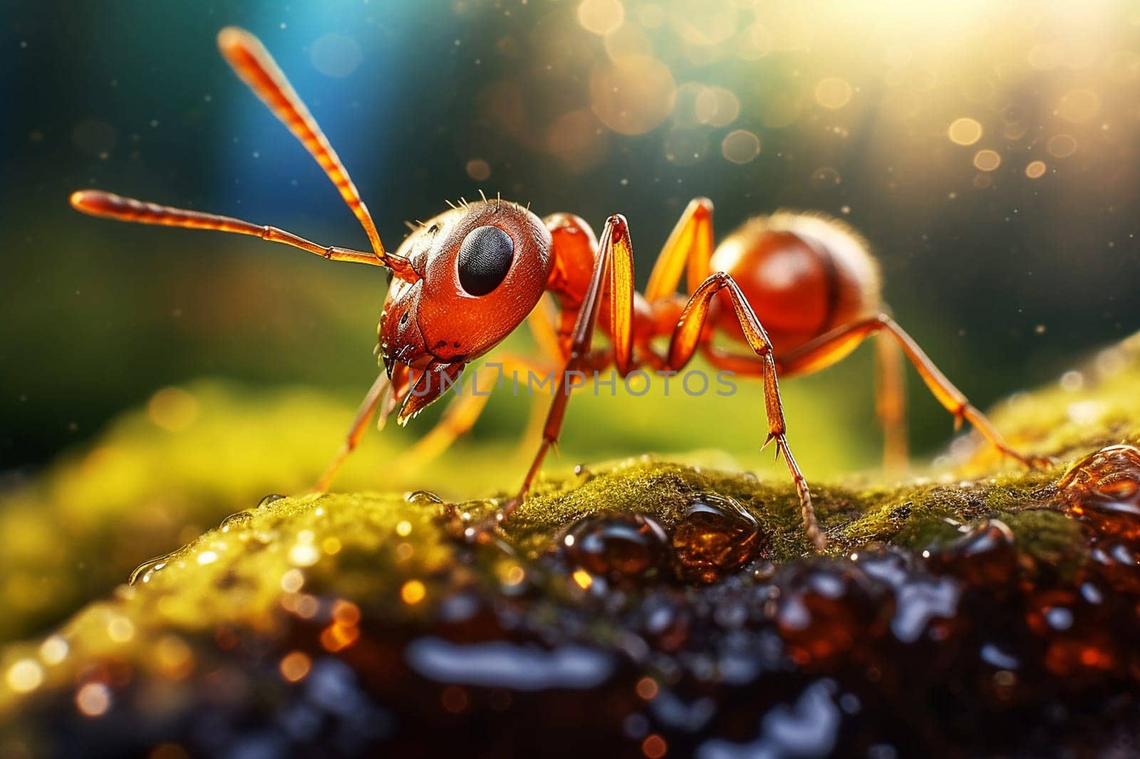 Ant on a tussock with moss and dew, close-up. Macro photography. Generative AI by Yurich32