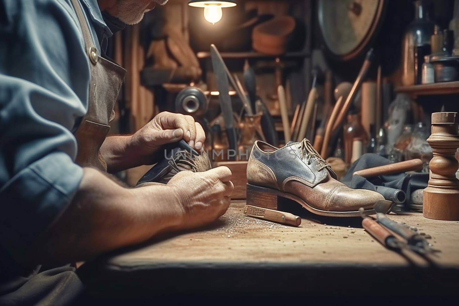 Shoemaker repairs shoes in the workshop. Close-up. Generative AI by Yurich32