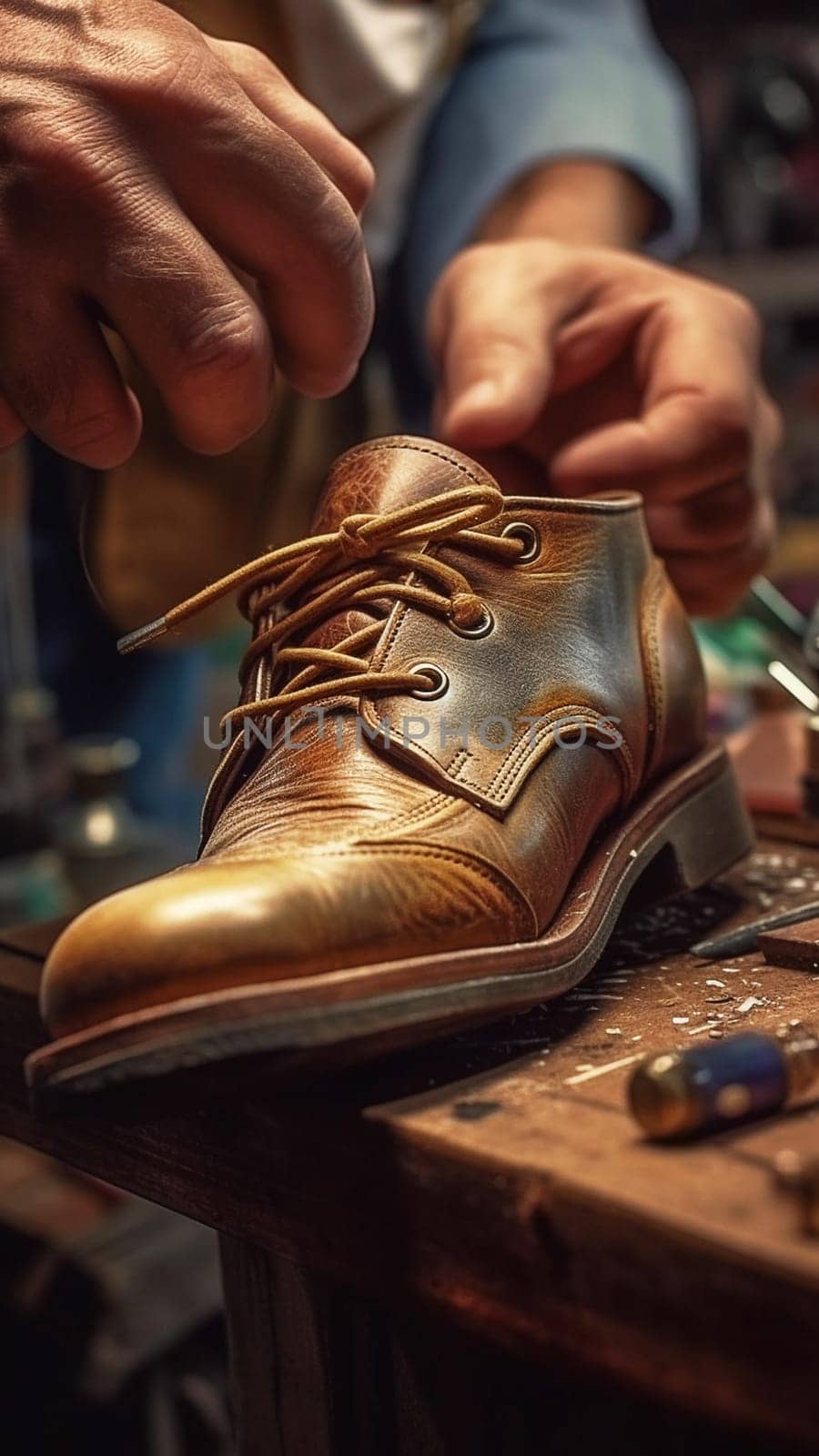 Shoemaker repairs shoes in the workshop. Close-up. Generative AI. High quality illustration