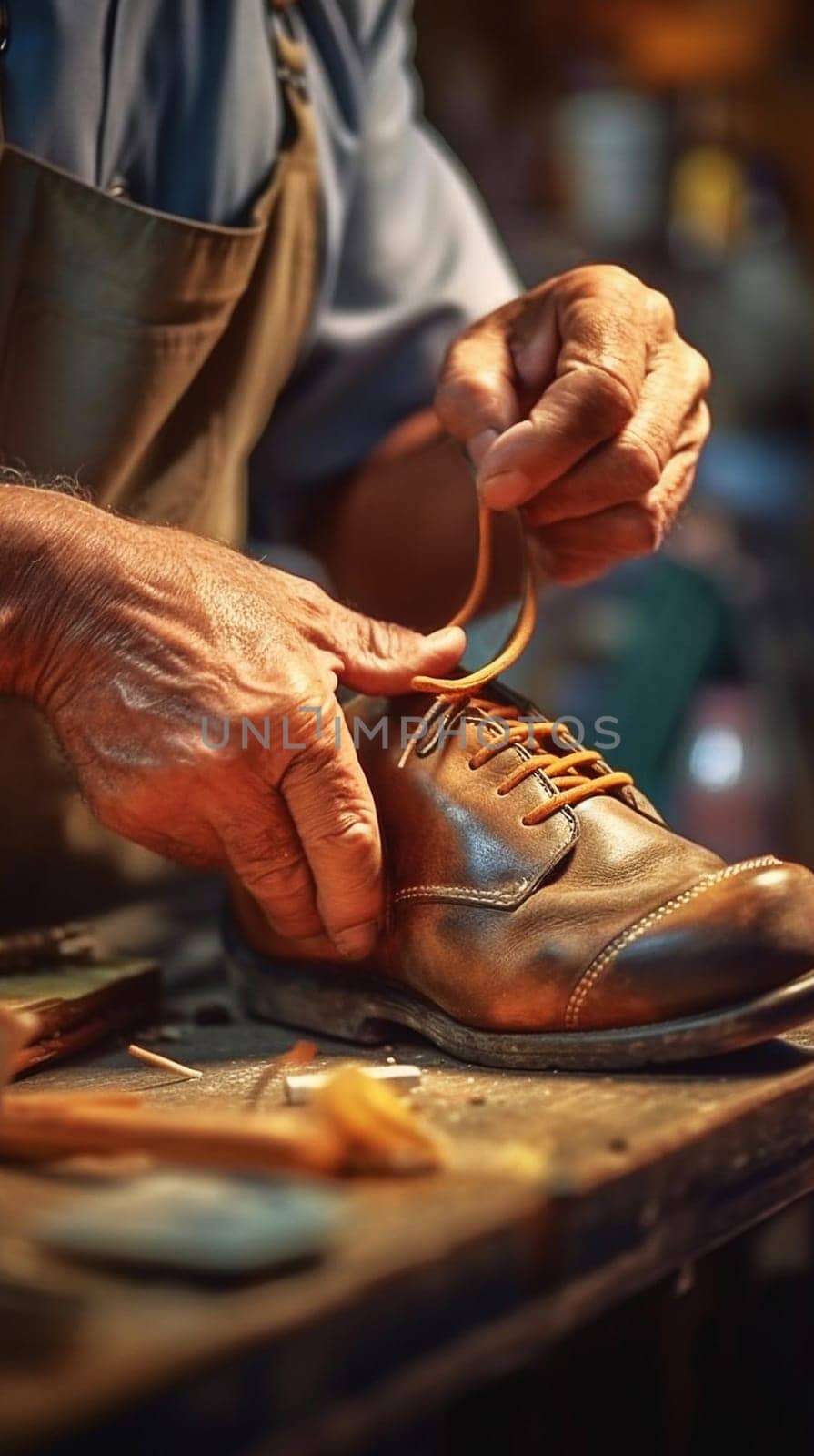 Shoemaker repairs shoes in the workshop. Close-up. Generative AI by Yurich32