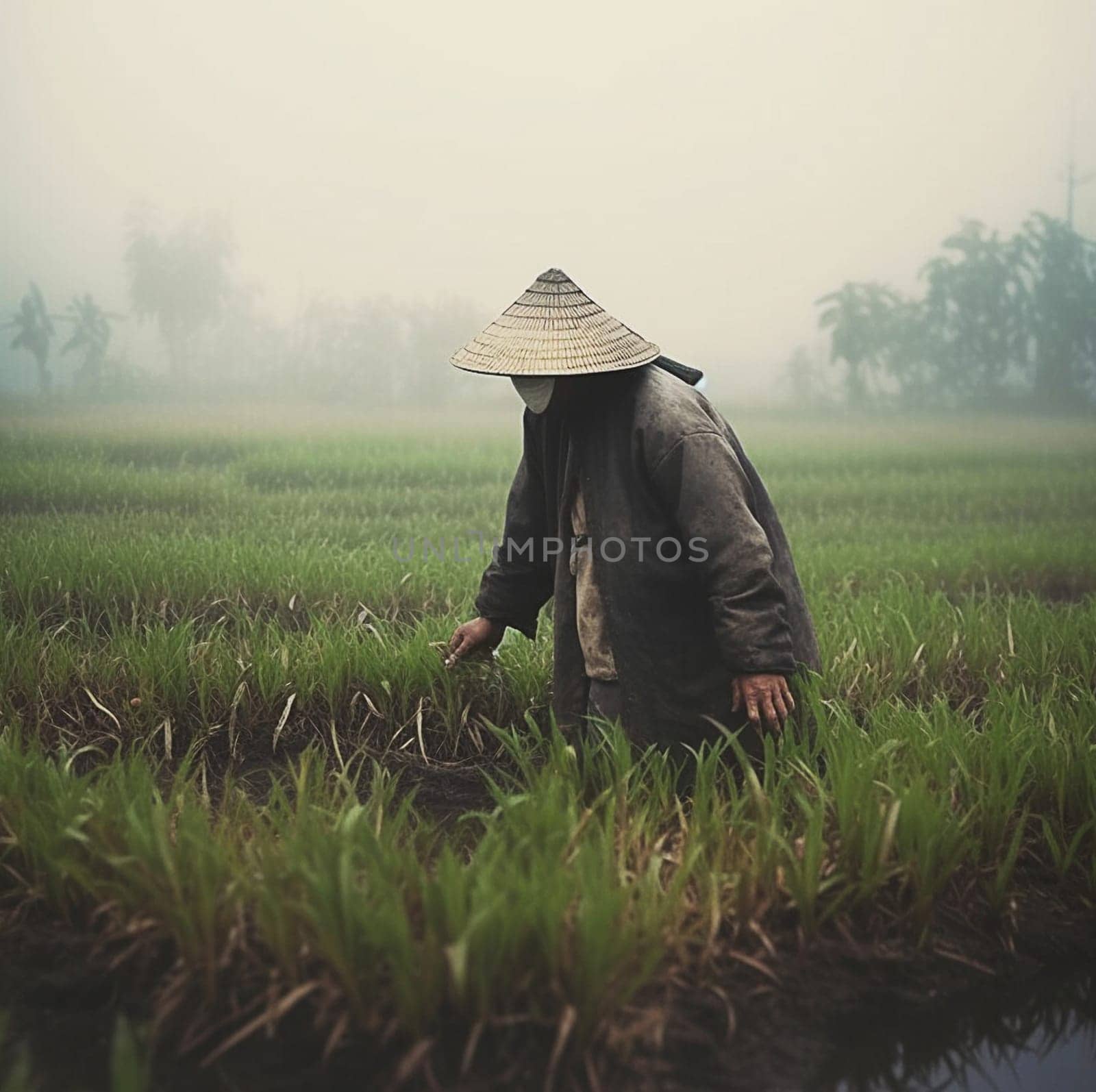 A man in a wide-brimmed hat harvests a rice field. Generative AI. High quality illustration