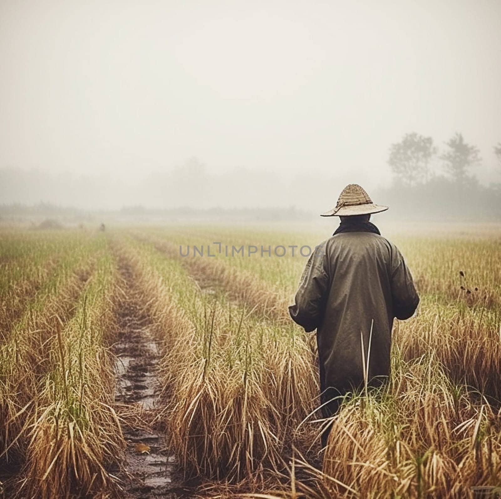 A man in a wide-brimmed hat walks through a rice field, rear view. Generative AI. High quality illustration