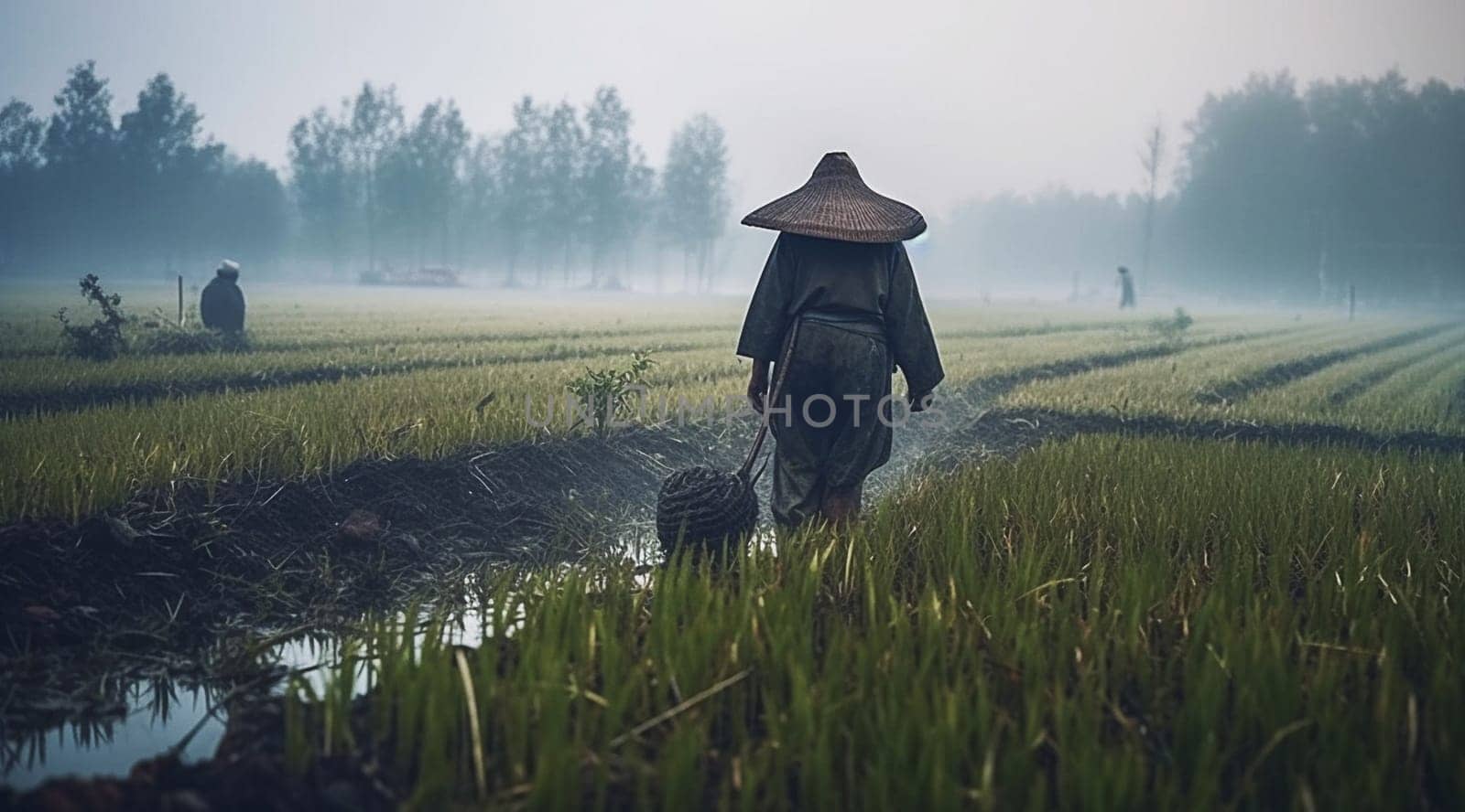 A man in a wide-brimmed hat walks through a rice field, rear view. Generative AI. High quality illustration