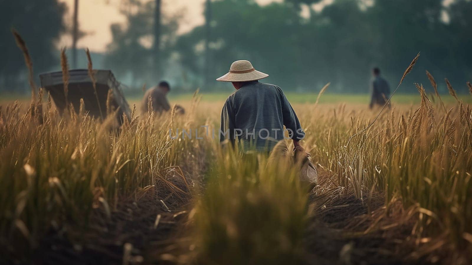 A man in a wide-brimmed hat harvests a rice field. Generative AI by Yurich32