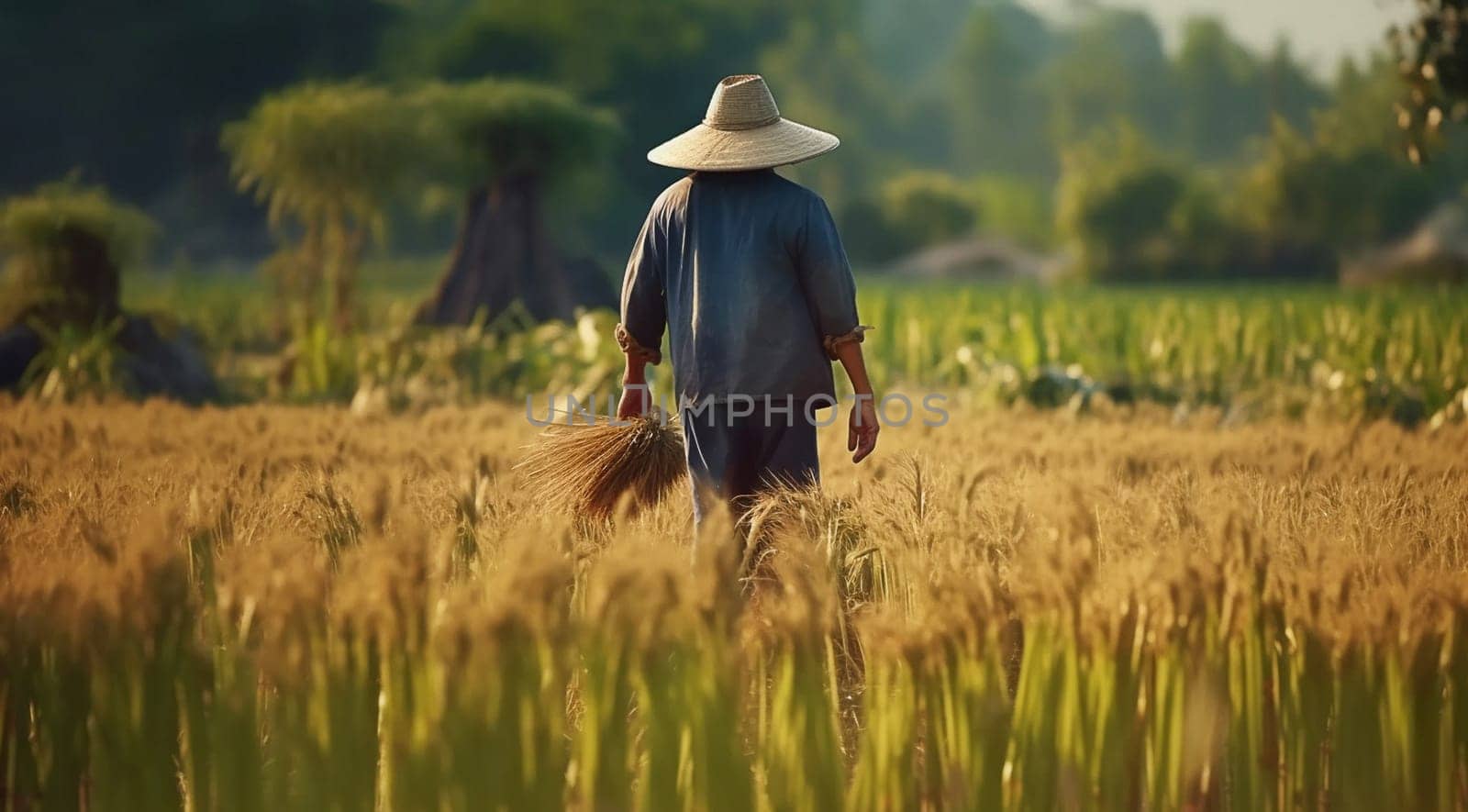 A man in a wide-brimmed hat harvests a rice field. Generative AI by Yurich32