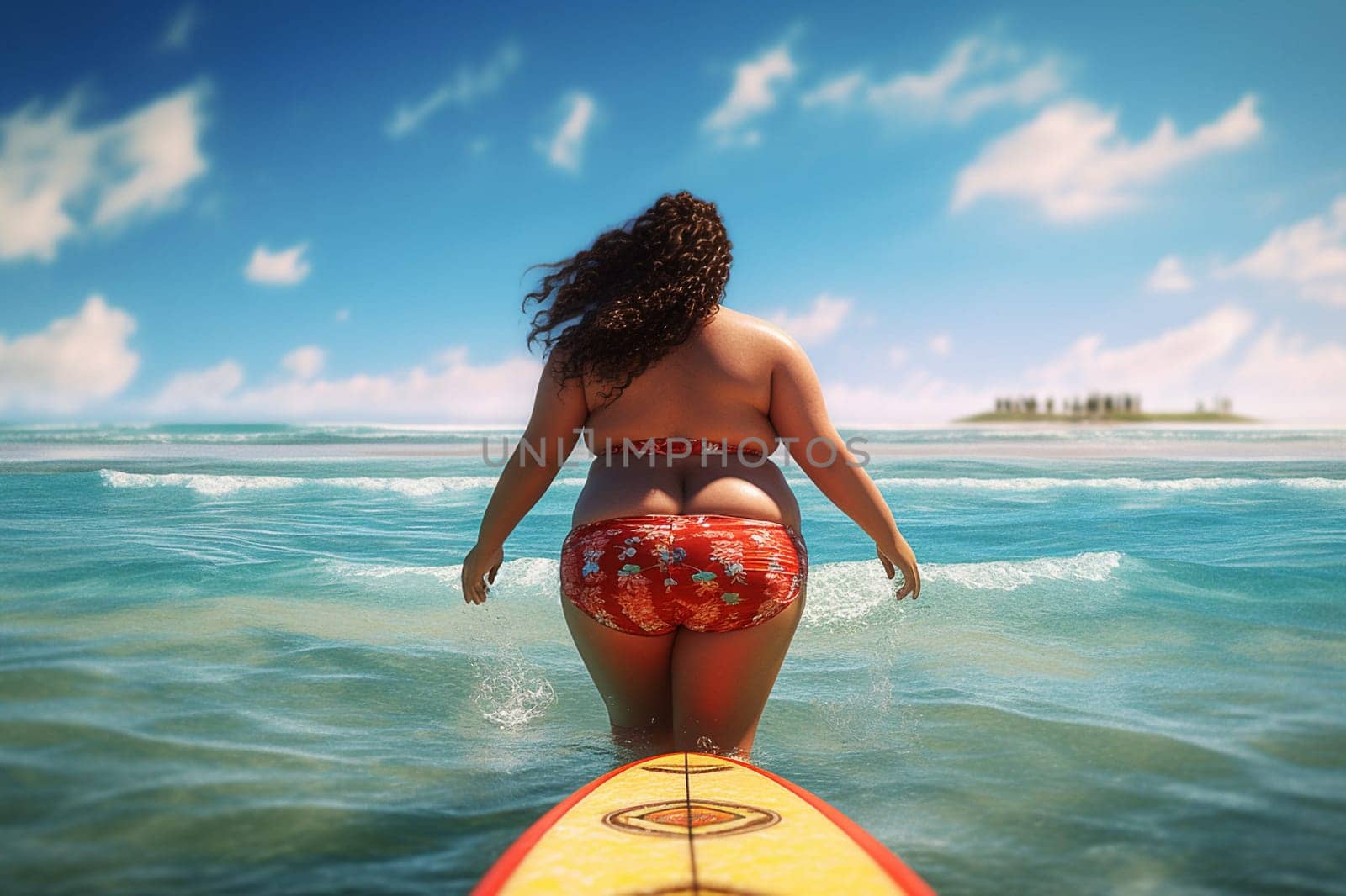 A fat woman is surfing in the sea. Generative AI. High quality illustration
