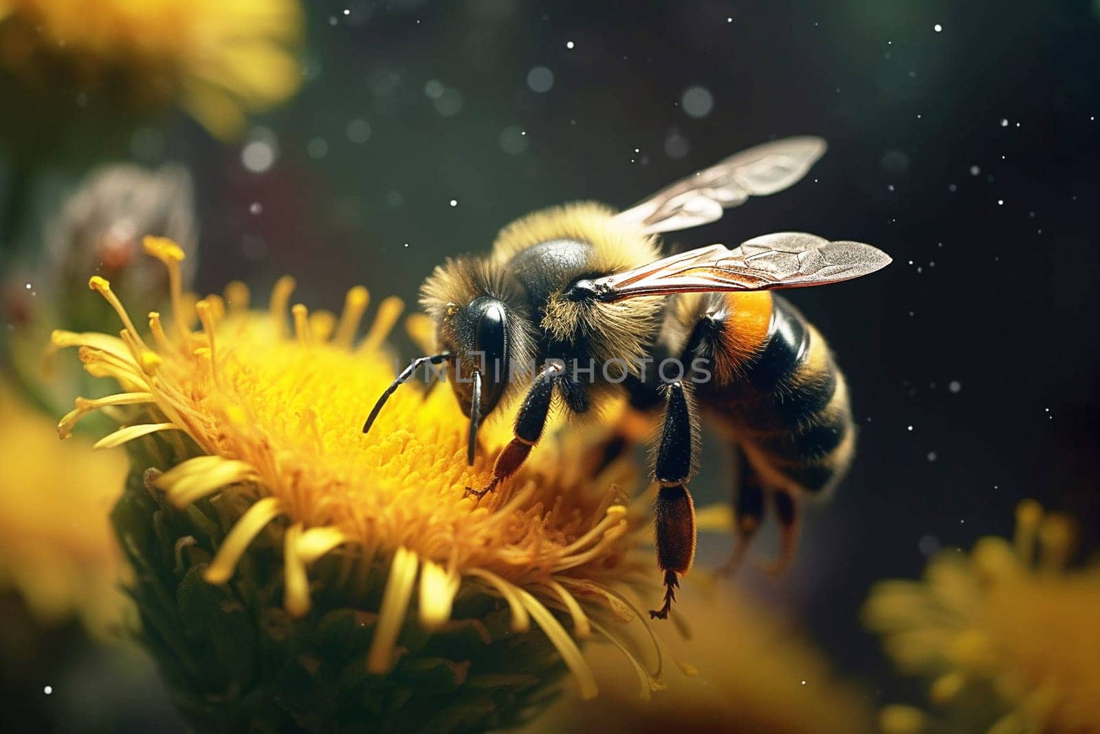 A bumblebee collects nectar on a flower, it's time to bloom, close-up. Generative AI by Yurich32