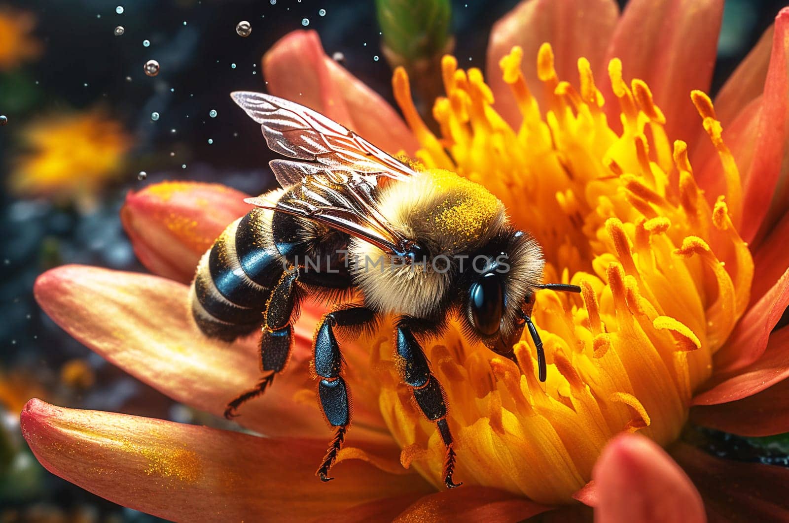 A bumblebee collects nectar on a flower, it's time to bloom, close-up. Generative AI by Yurich32