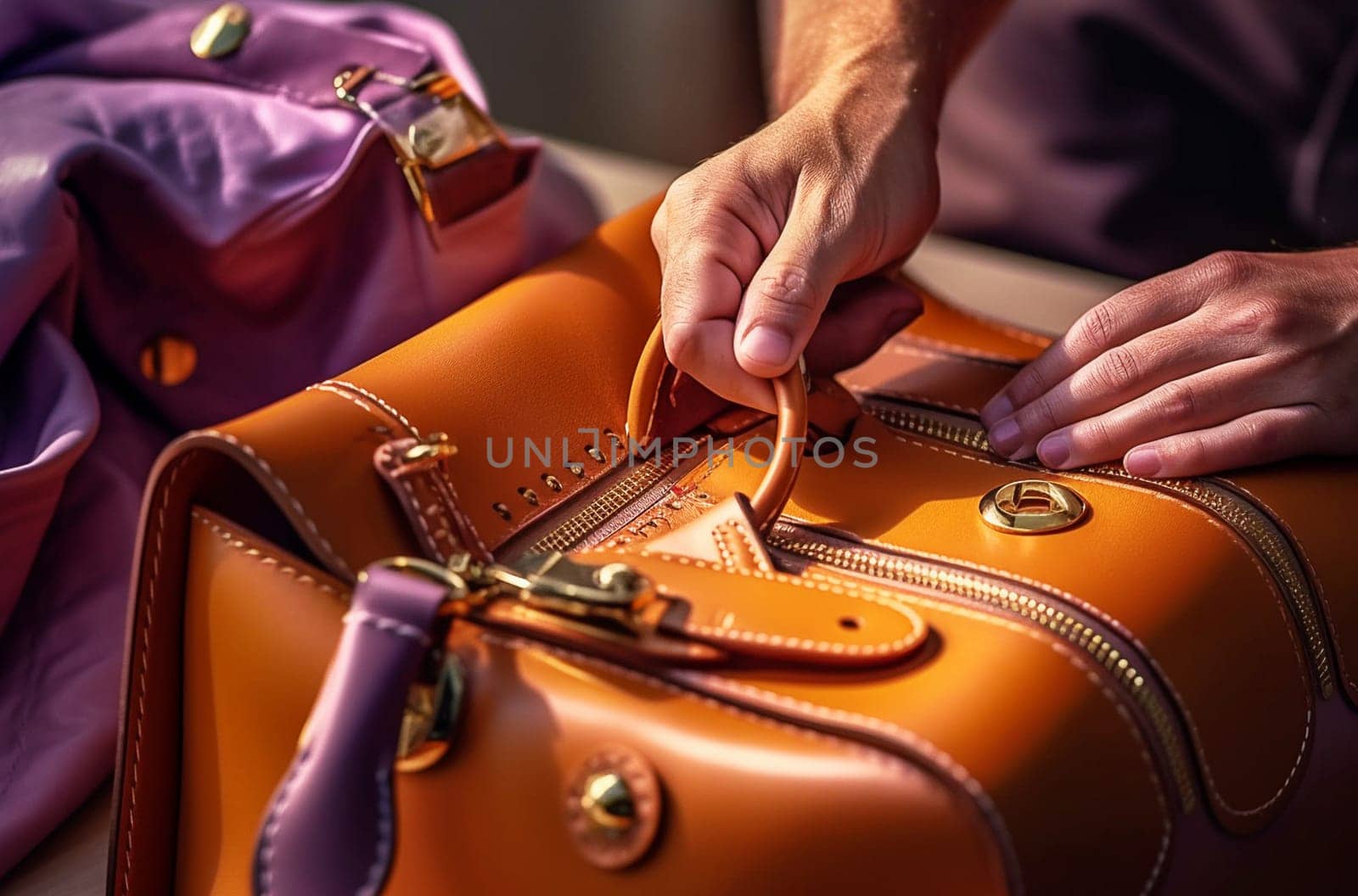 Expensive bag made of leather, orange. Generative AI by Yurich32