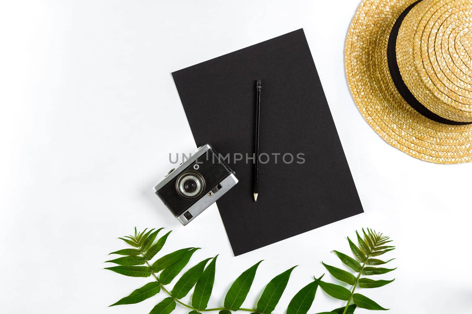 Straw hat with green leaves and old camera on white background, Summer background. Top view. Copy space. Still life. Flat lay