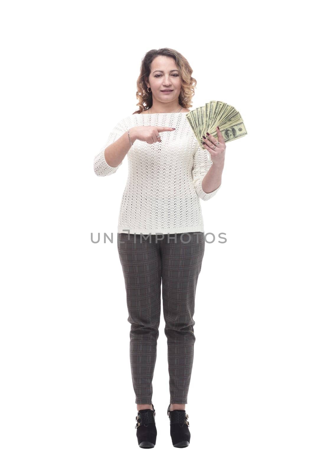 happy young woman with banknotes. isolated on a white background.