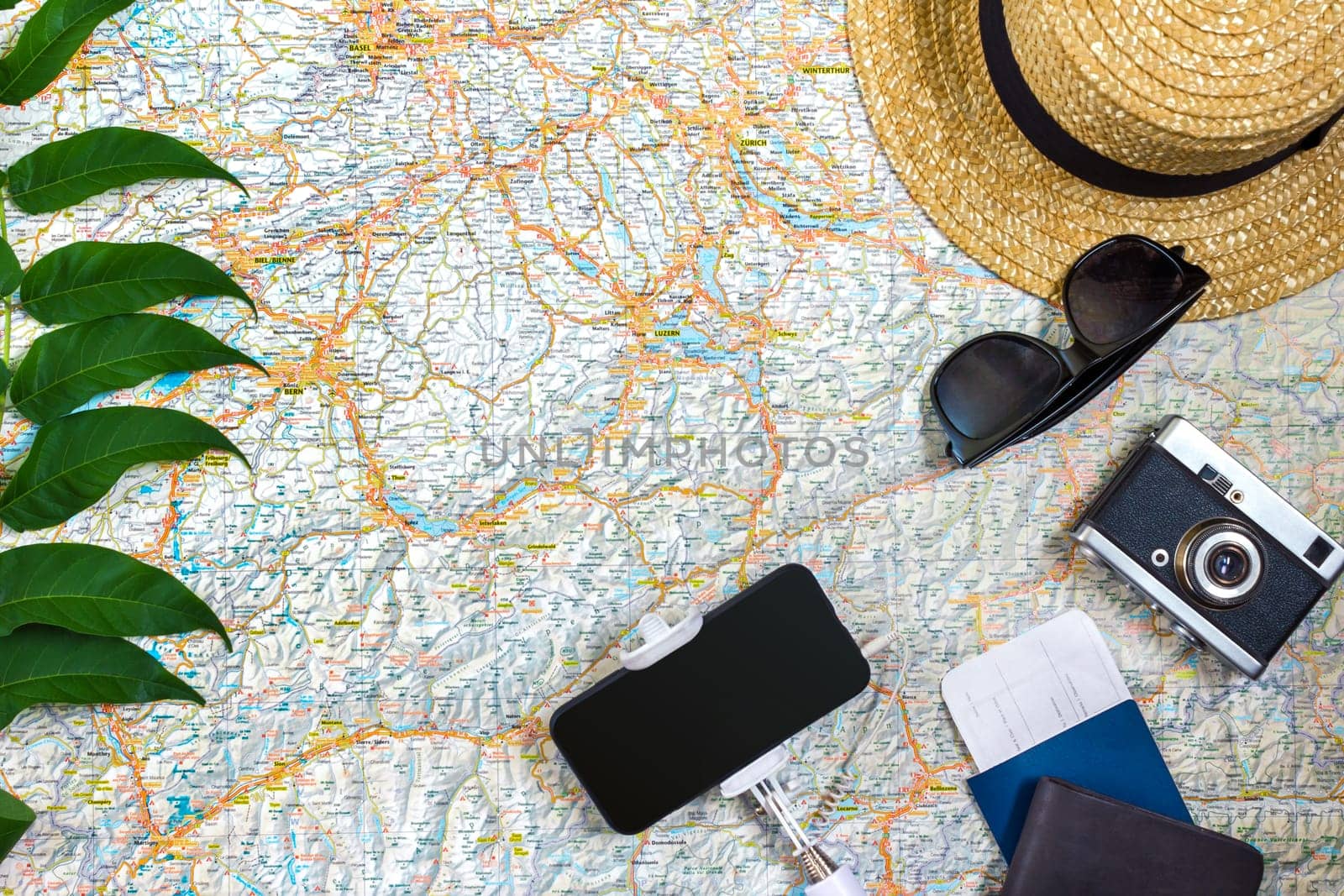 Travel plan, trip vacation accessories for trip, tourism mockup - Outfit of traveler on map background. Flat lay and copyspace. Still life