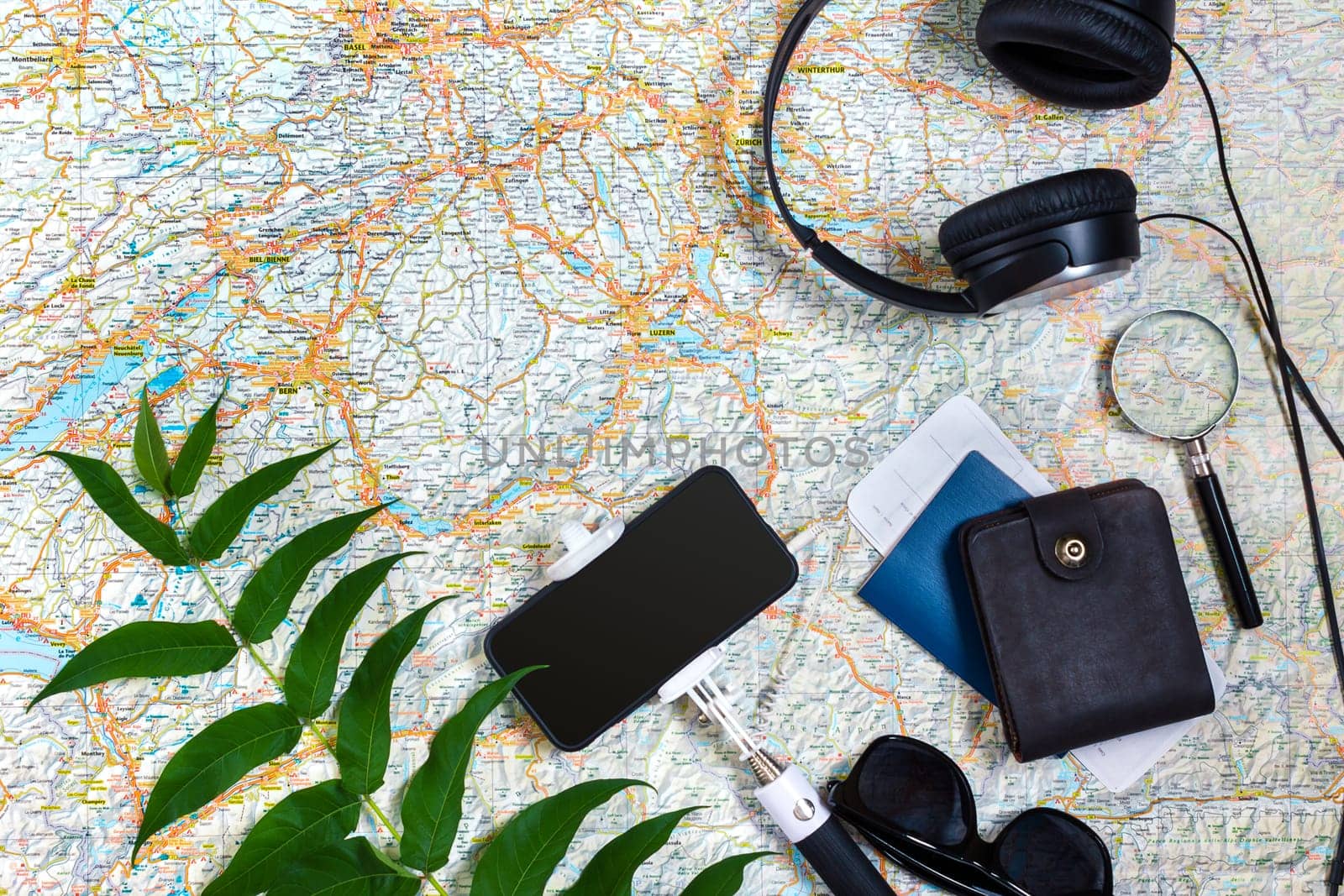 Travel plan, trip vacation accessories for trip, tourism mockup - Outfit of traveler on map background. Flat lay and copyspace. Still life