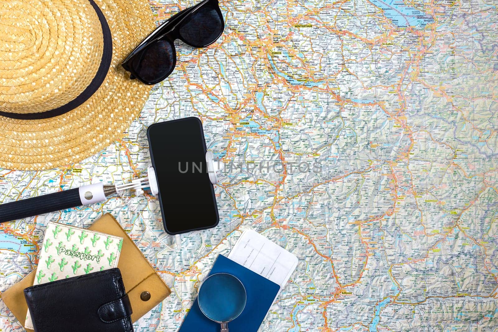 Travel plan, trip vacation accessories for trip, tourism mockup - Outfit of traveler on map background. Flat lay and copyspace. Still life