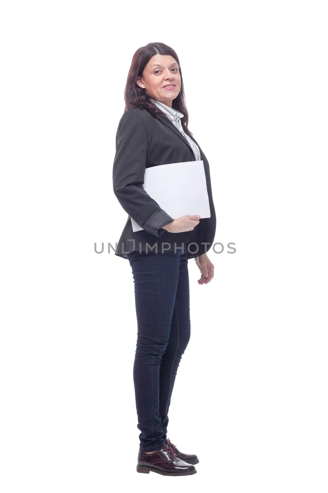 Portrait of a happy business woman holding a documents. Side-view isolated on white background