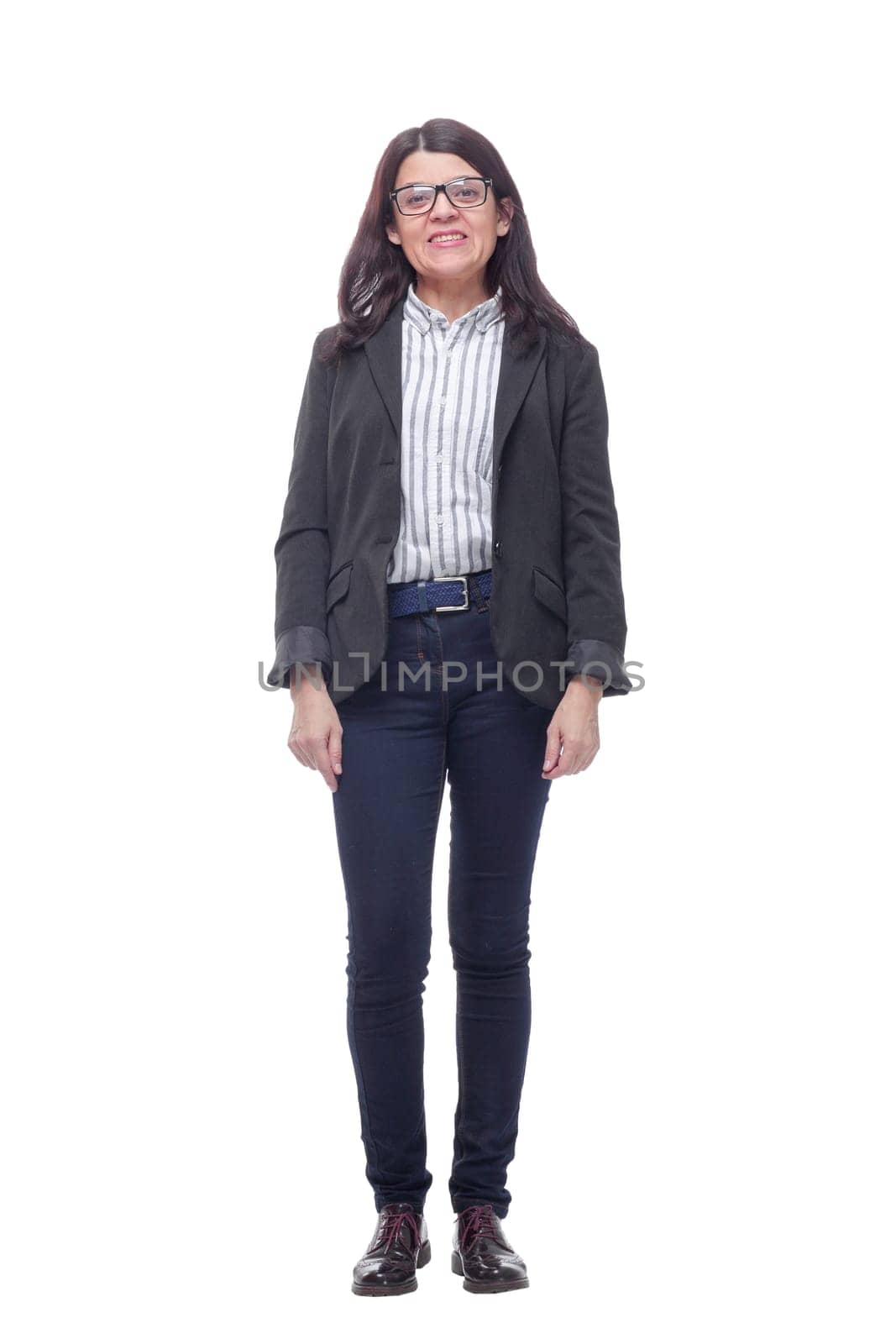portrait of attractive caucasian smiling woman isolated on white studio shot looking at camera wearing glasses