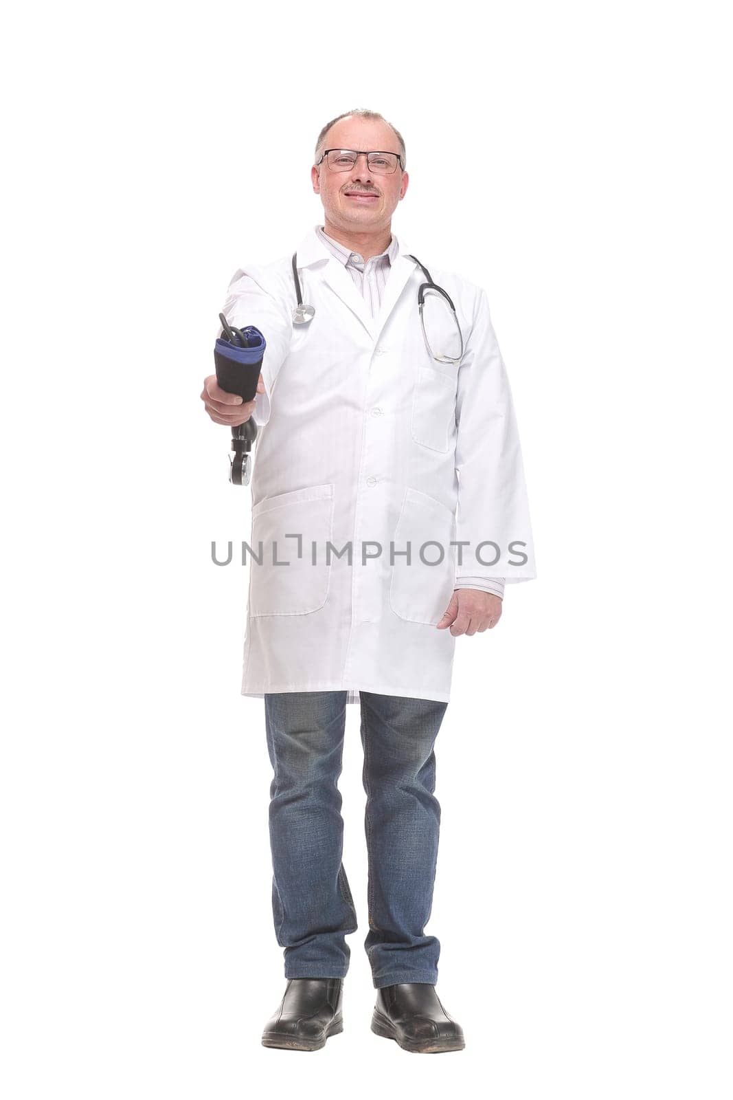 Male doctor holding blood pressure monitor on white background. Medical object