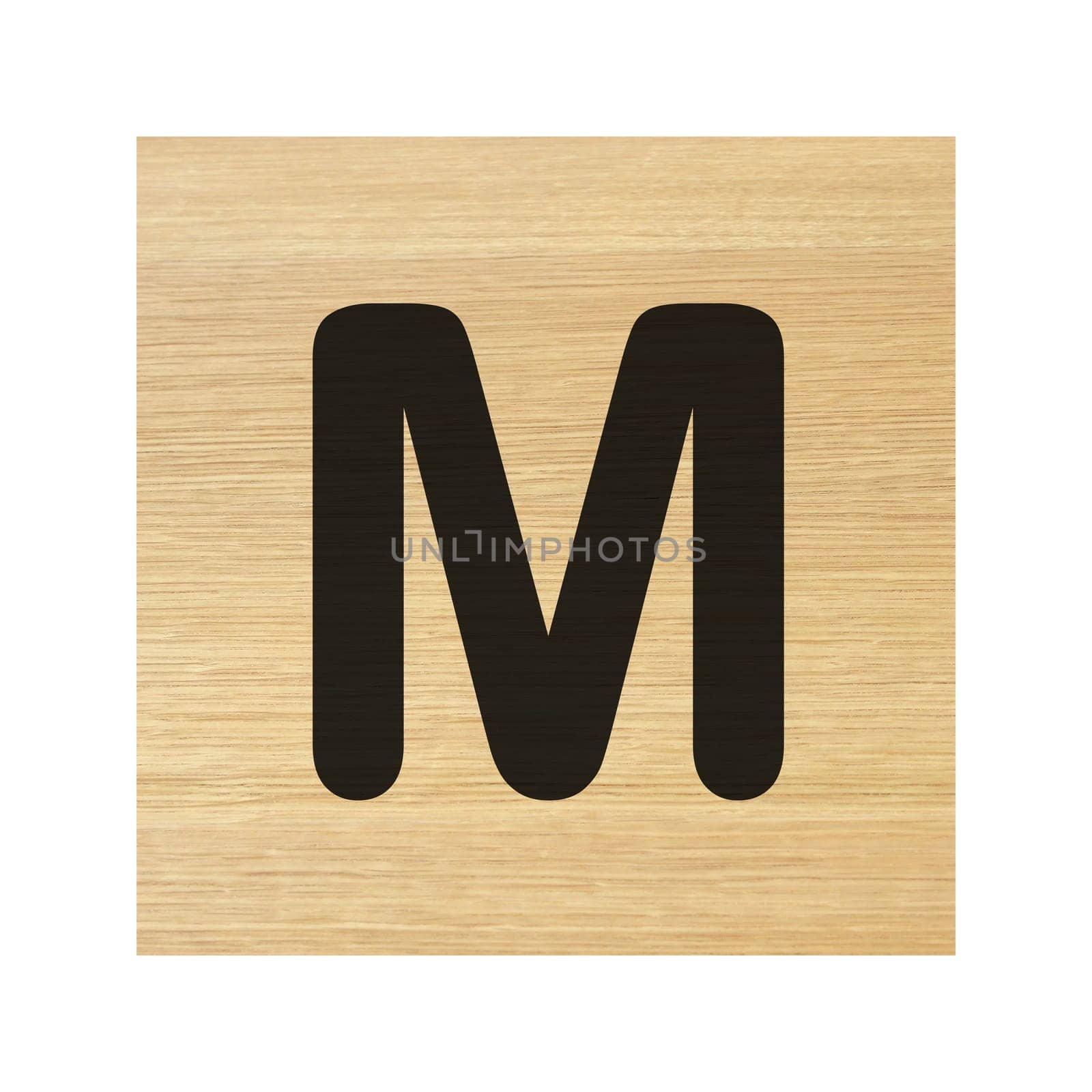 A capital M wood block on white with clipping path