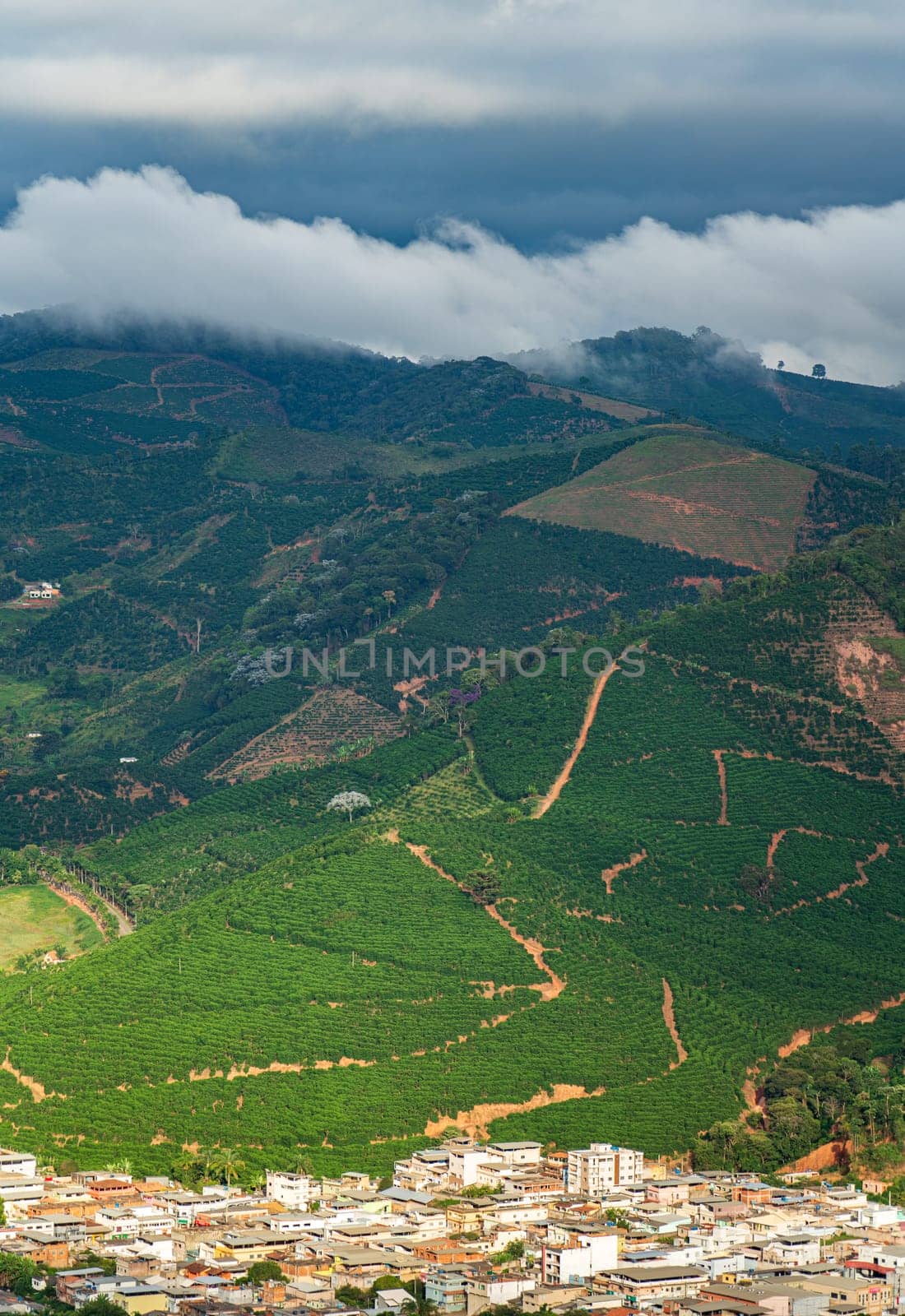 Spectacular landscape of Alto Caparao, a coffee town nestled in a valley surrounded by endless rows of coffee fields, mountains and mist.