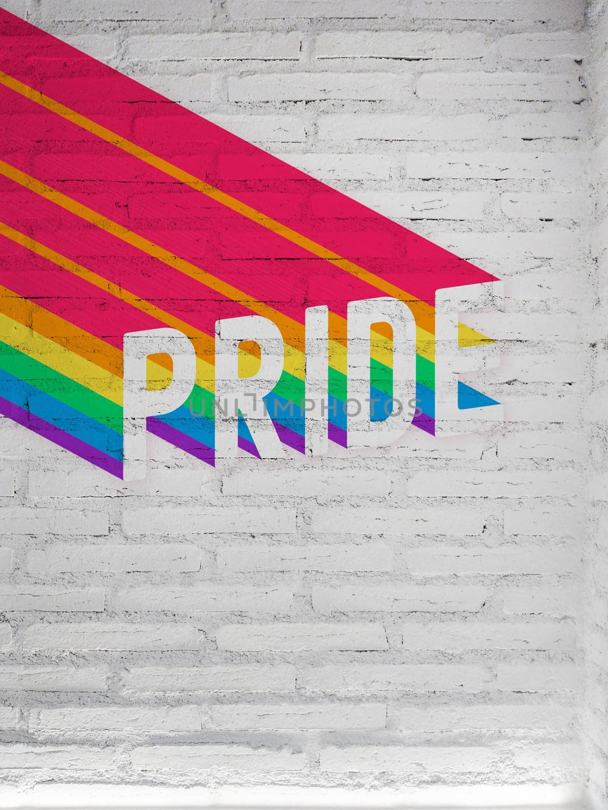 White brick wall background with pride rainbow flag. Vertical size.