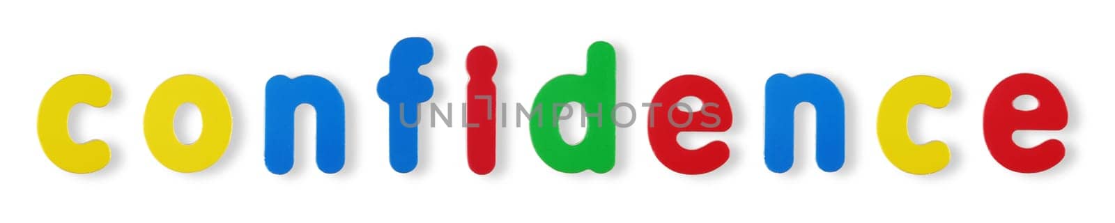 confidence word coloured magnetic letters on white with clipping path to remove shadow