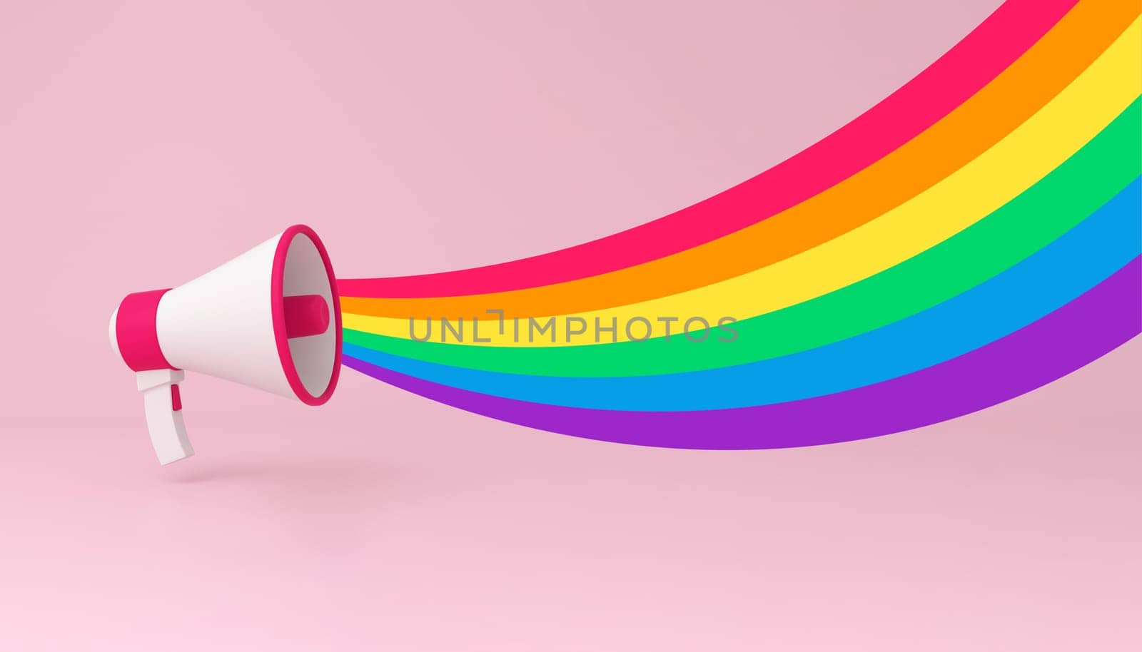 Megaphone Announcement on Pink Background with pride rainbow flag. 3d illustration.