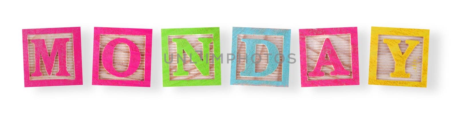 A Monday concept with childs wood blocks on white with clipping path to remove shadow