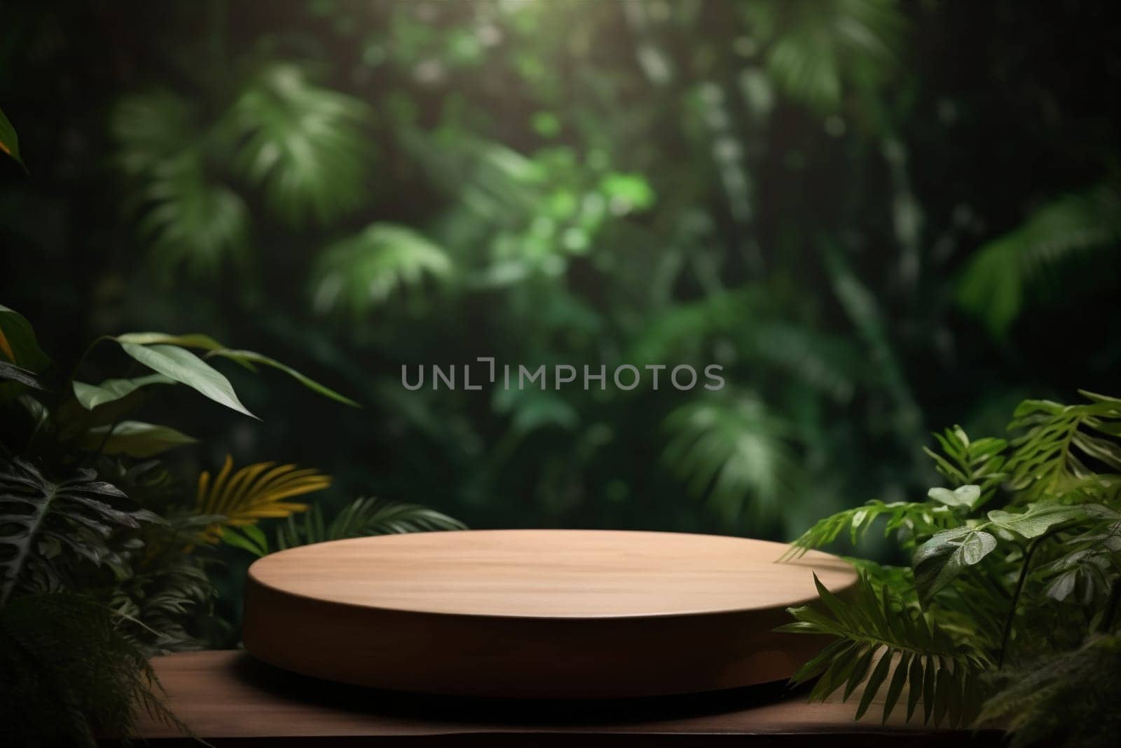 empty background platform space up tree branch palm leaf wooden color cosmetic blank green plant natural show mock podium design product. Generative AI.