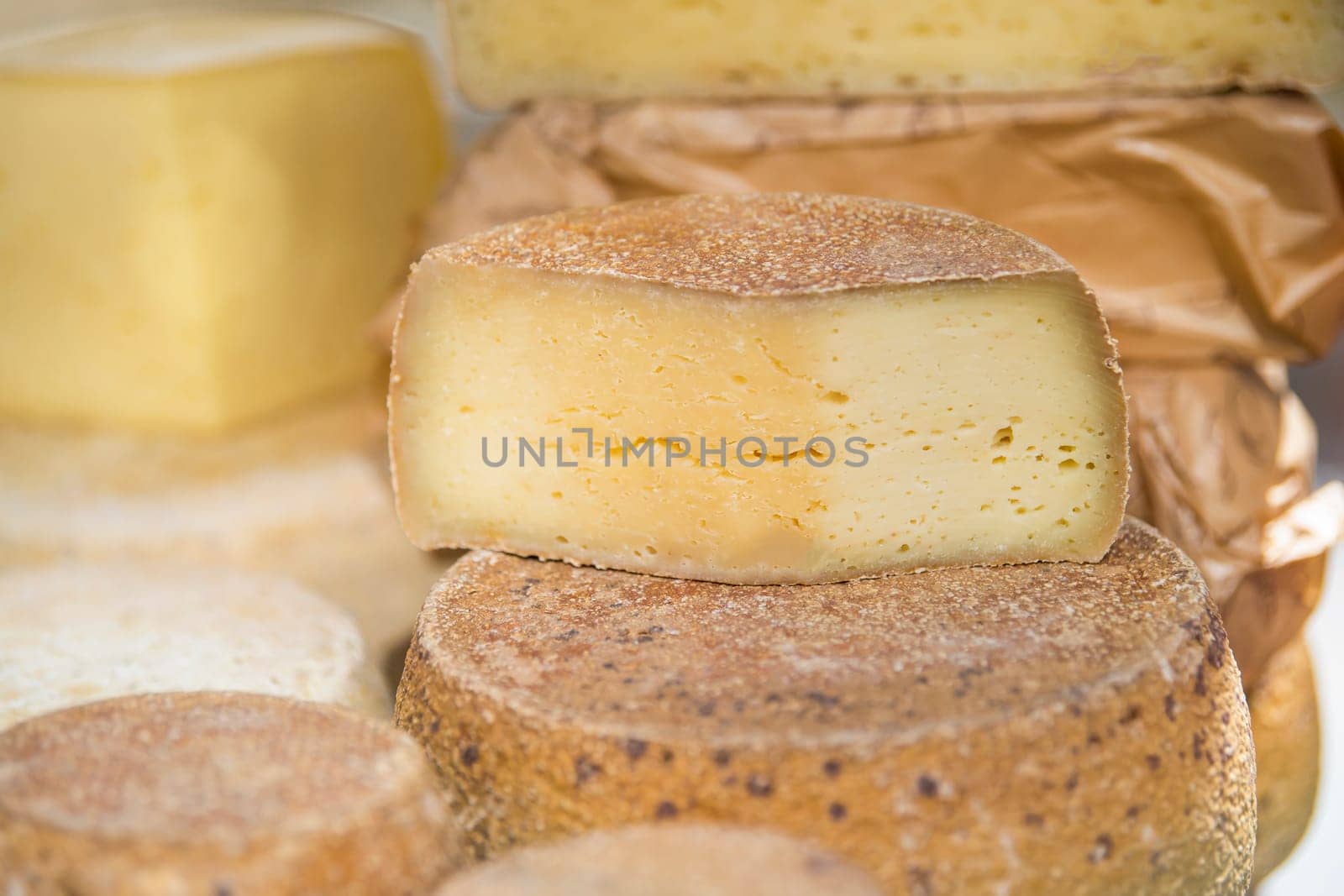 Hard cheeses. A large piece of cheese in a cheese factory, on a shelf. Production and sale of cheese. Small business concept. High quality photo