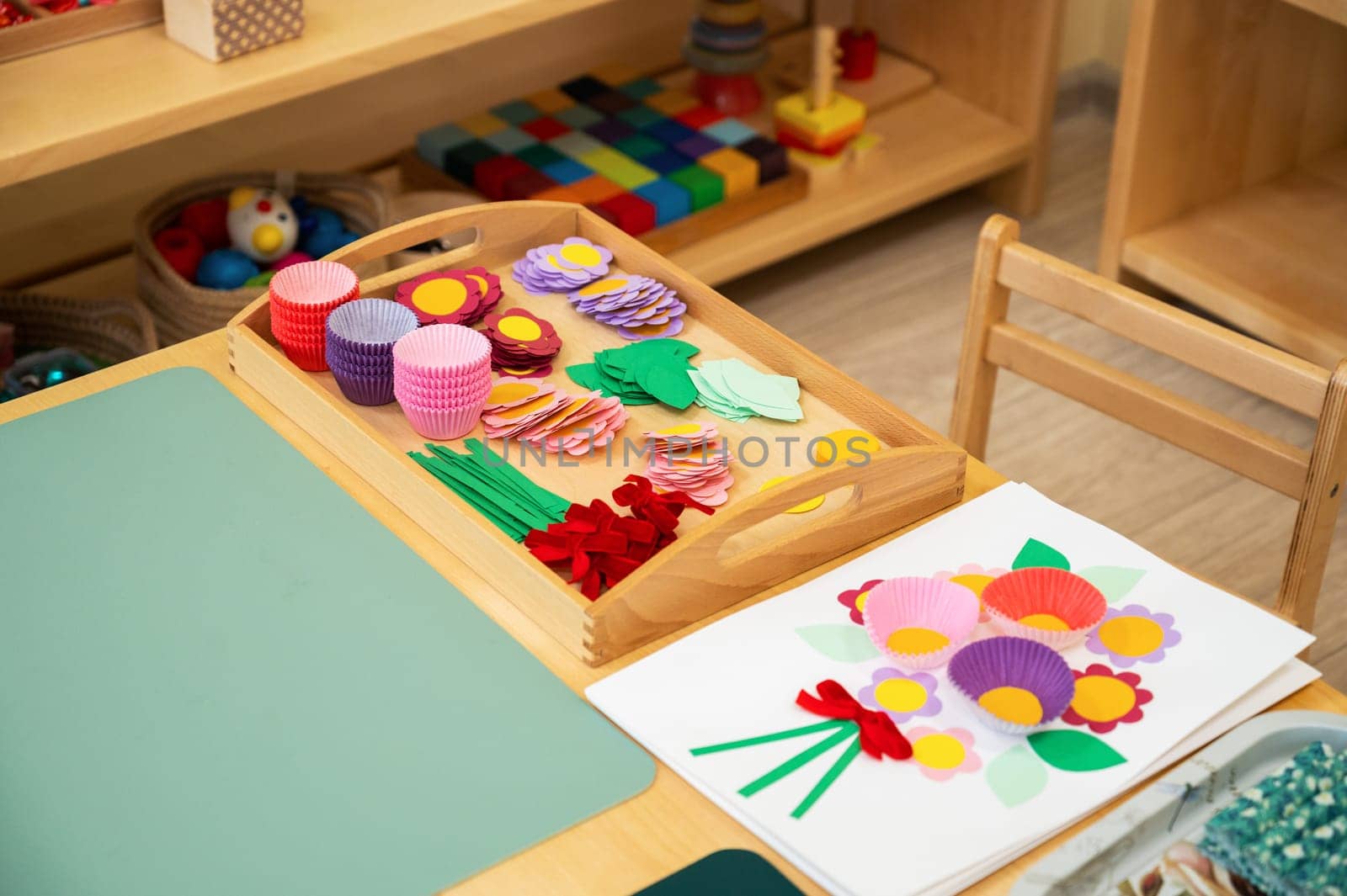 Classroom of Montessori kindergarten. The colorful Montessori material. Concept of children learning toy