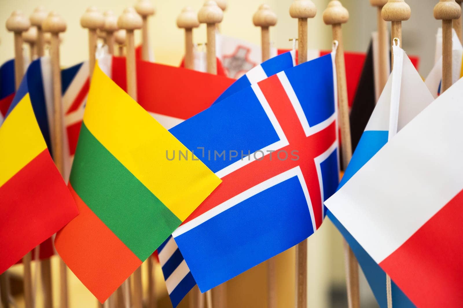 Close up of colorful flags of world nations