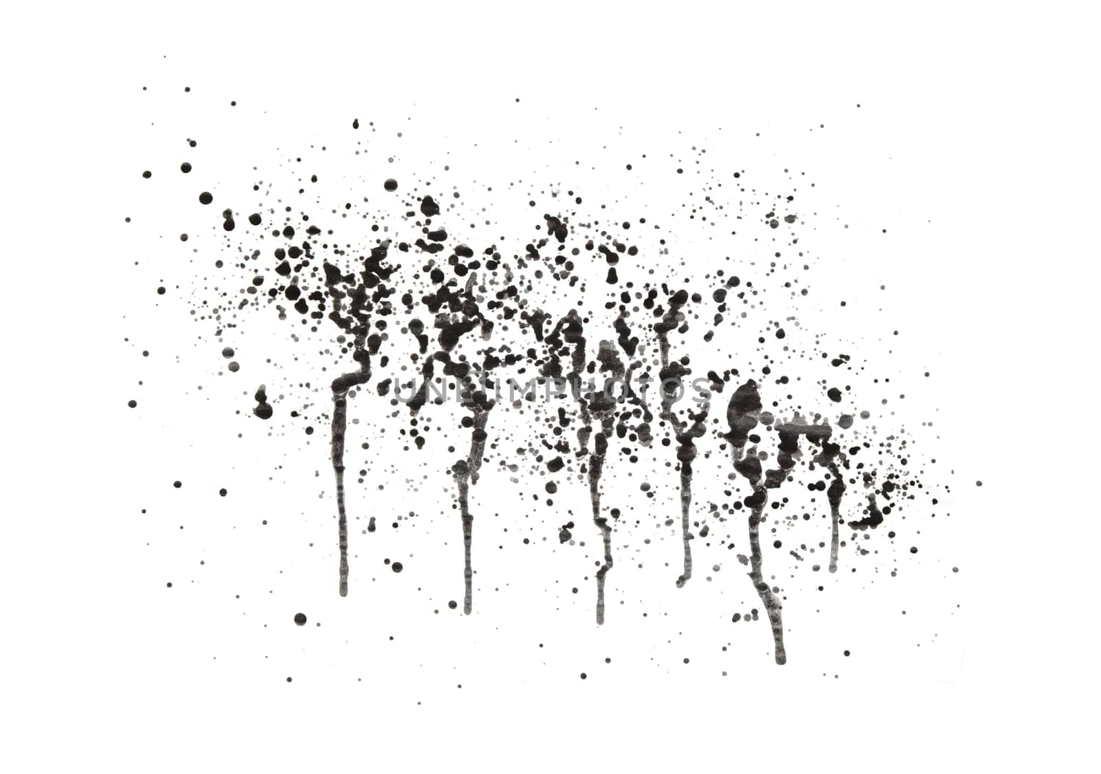Splatter of black paint with streaks isolated on a white background. Stock photo.
