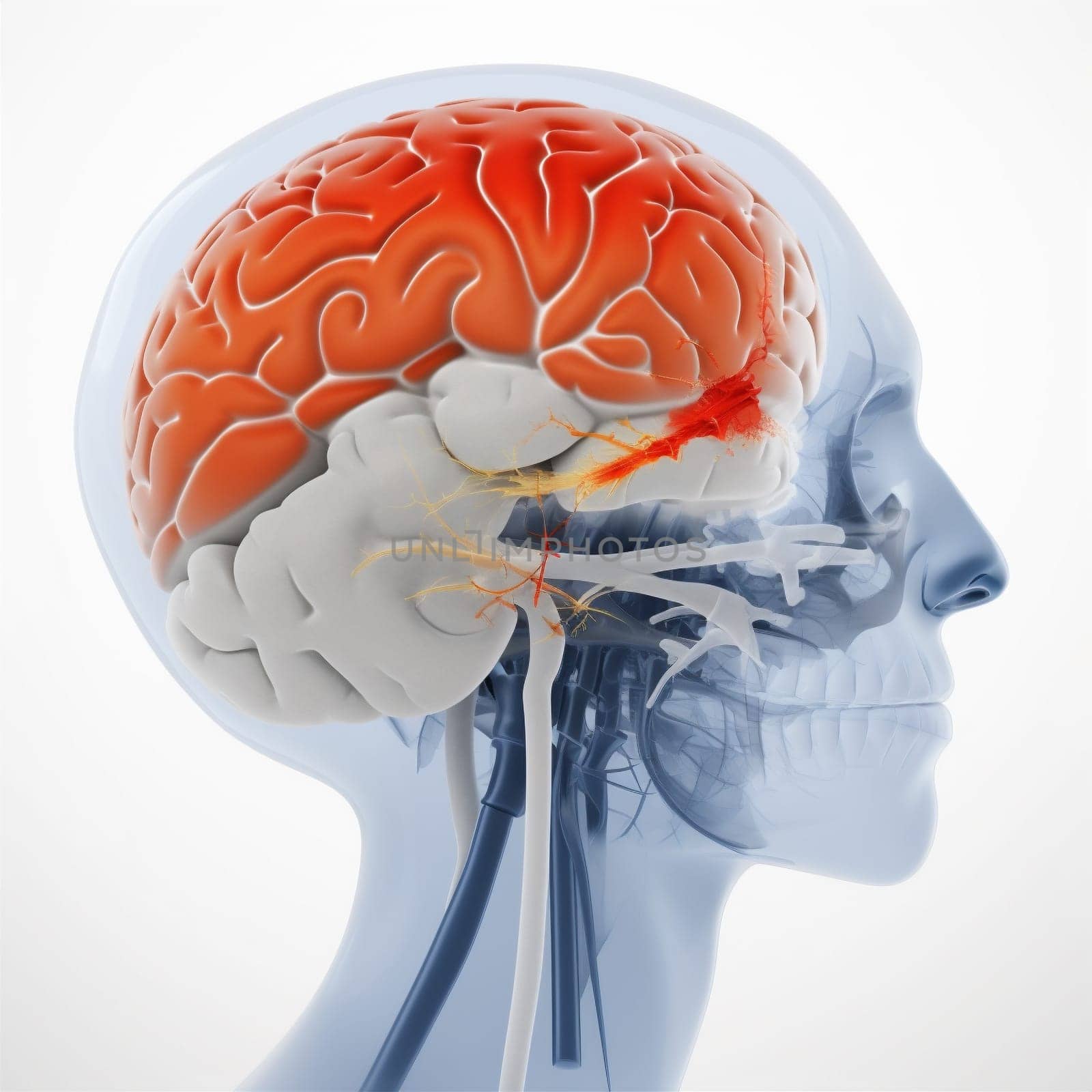 red physiology pain head scan medical glowing medicine brain stress cephalalgia cerebellum ray biology blue inside headache x-ray anatomy human. Generative AI.