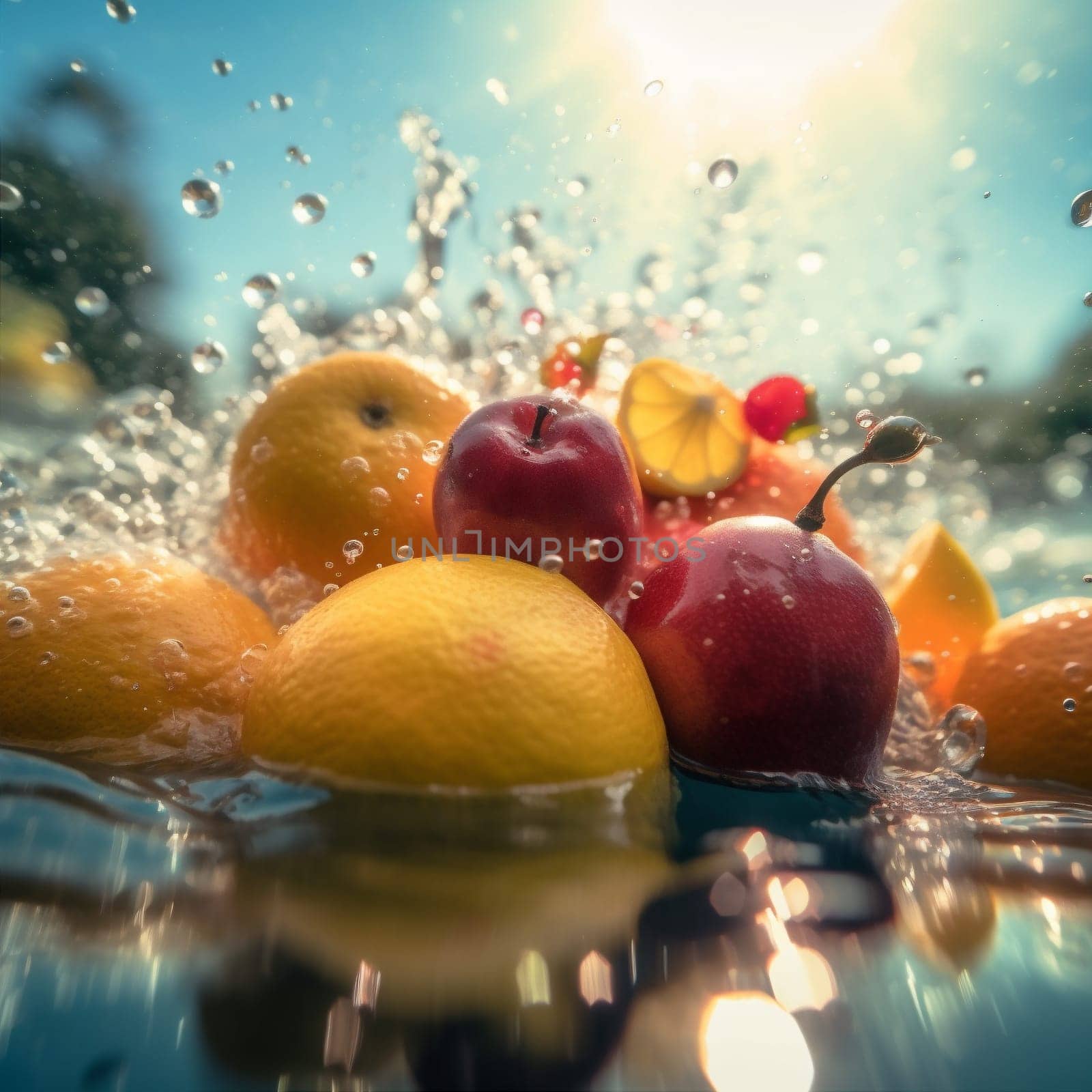 healthy strawberry green drop fruit vitamin fresh water background organic food. Generative AI. by SHOTPRIME