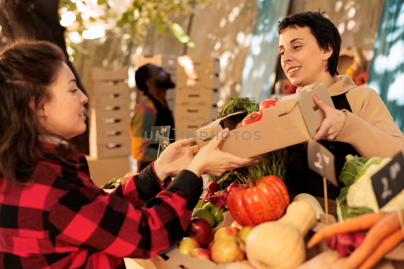 Organic food from local farming marketplace, client buying fresh herbs and shopping for fresh produce at farmers market. Small business owner serving woman, selling homegrown fruits and veggies.