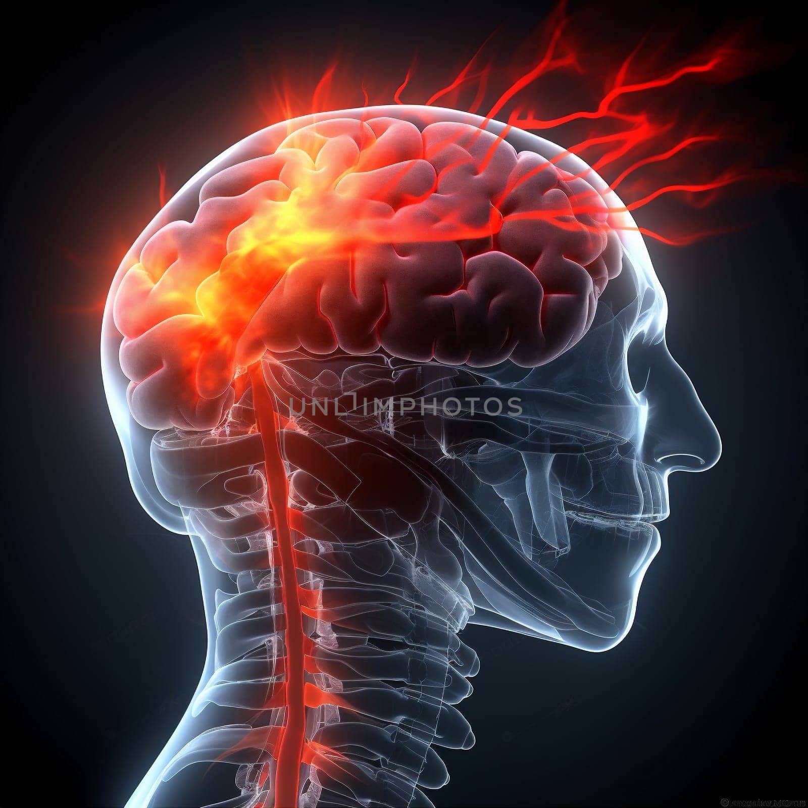brain anatomy medical x-ray medicine pain headache red blue head. Generative AI. by SHOTPRIME