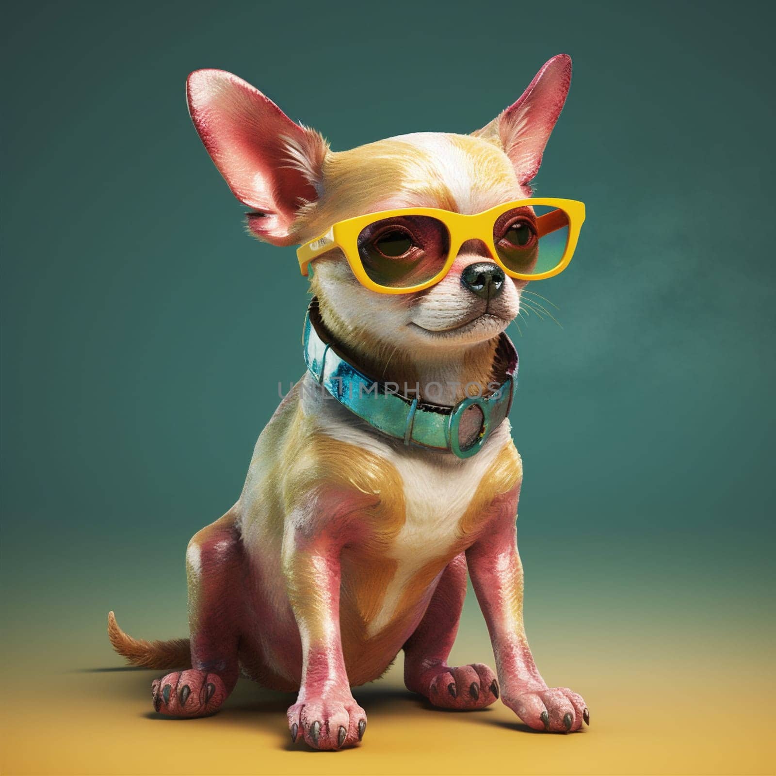 dog cute looking pet animal chihuahua portrait glasses yellow puppy background. Generative AI. by SHOTPRIME