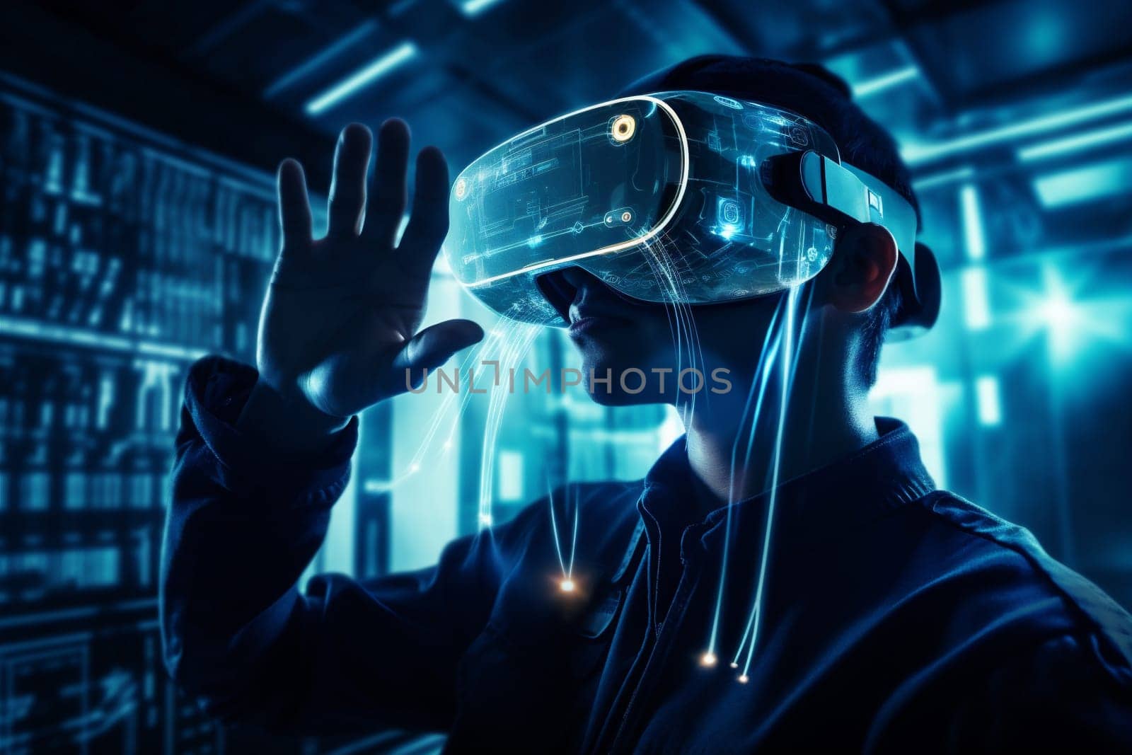 digital woman helmet modern businessman internet futuristic future concept earth glasses virtual datum technology line cyberspace device business headset screen online. Generative AI.