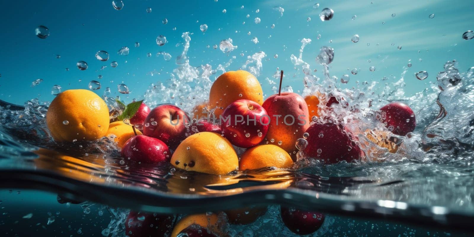 fruit drop clean fresh strawberry food background green water healthy vitamin. Generative AI. by SHOTPRIME