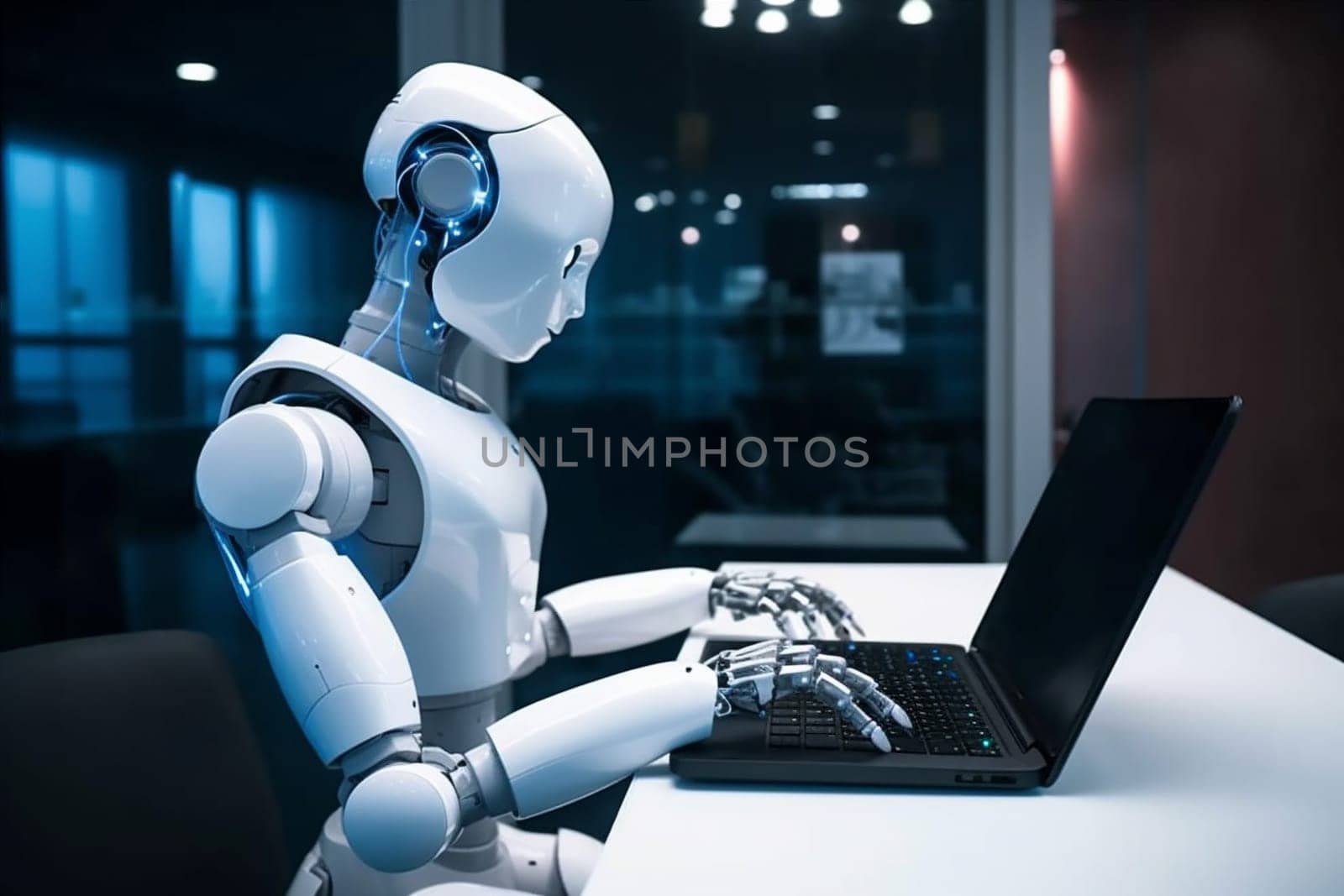 part artificial generative office online automatic hand robot digital ai paper signing web desk technology automation document write computer laptop. Generative AI.