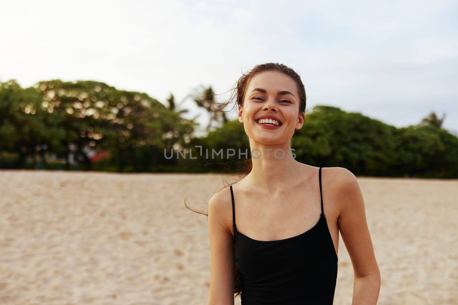 happiness woman sand walk ocean beautiful sea sunset beach lifestyle freedom vacation summer running smile female smiling enjoyment dress outdoor nature