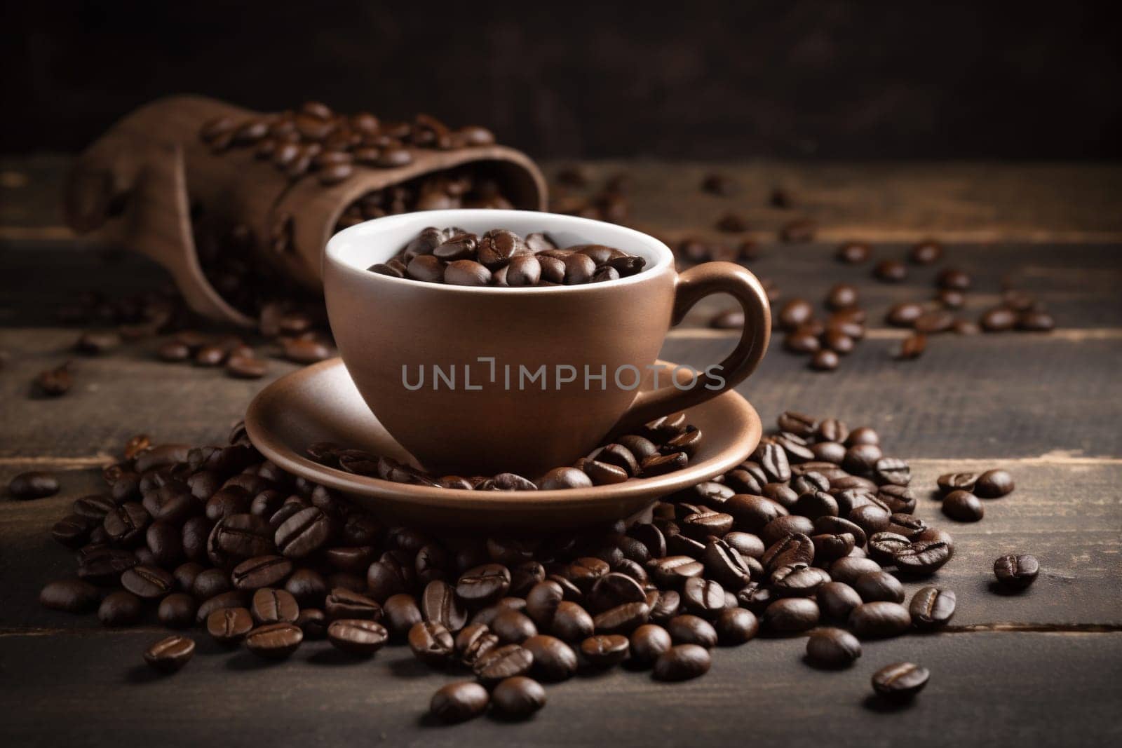 espresso mug wood food table latte bean beverage drink roasted taste space morning cafe cup old black breakfast brown aroma. Generative AI.