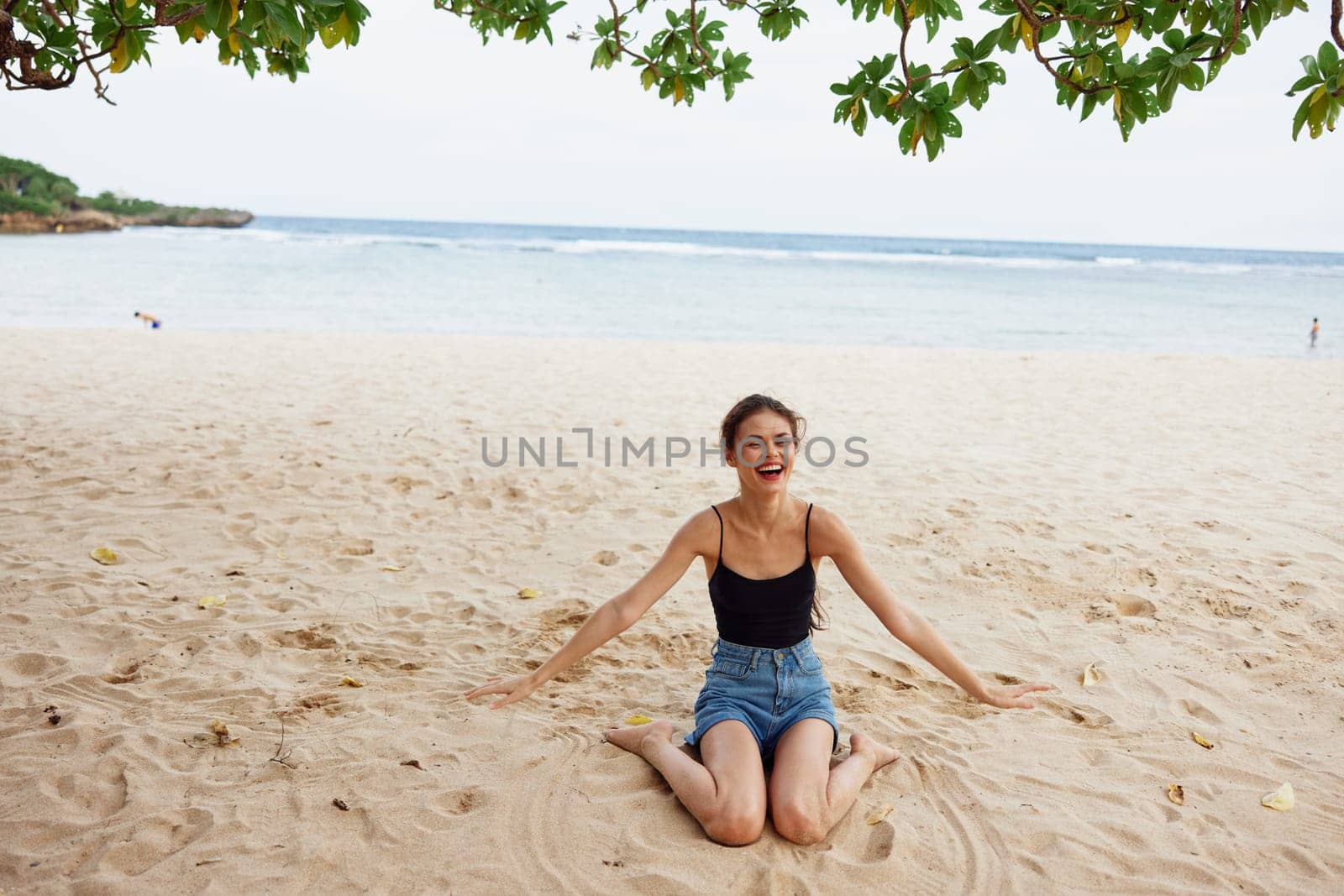hair woman nature vacation beach sand long travel smile sitting sea freedom by SHOTPRIME