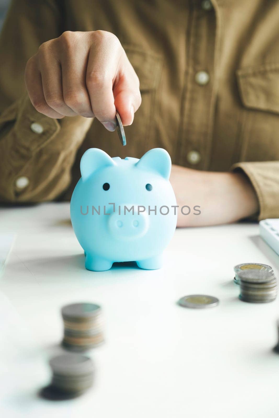 Woman hand putting coin on pig saving. Saving money wealth and financial concept, Business, finance, investment, Financial planning.