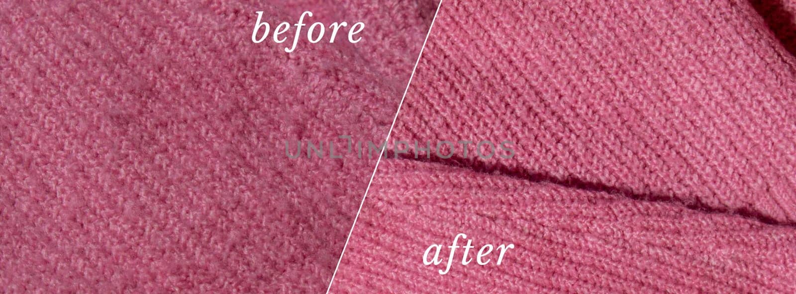 BEFORE AFTER effect of Anti-pilling razor. Banner Device for shaving pellets clothes. Anti-Plush fabric Shaver. Electric portable sweater pill defuzzer Lint remover from acrylic or wool sweater. Sustainability lifestyle fashion, reducing clothing waste by anna_stasiia