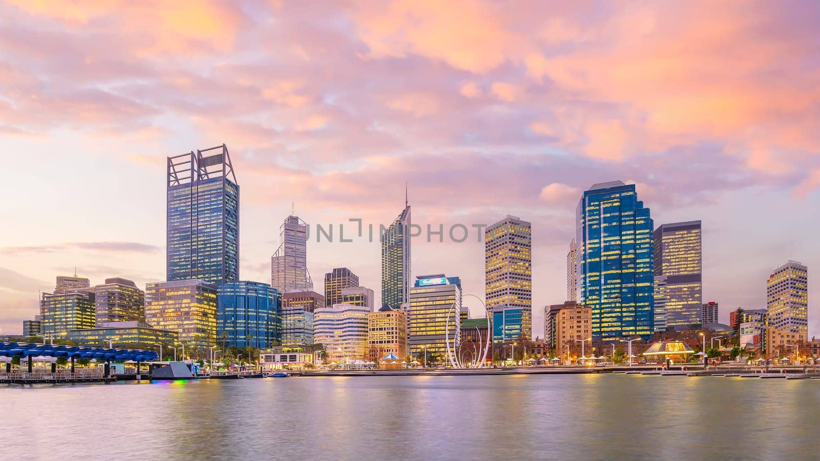 Perth downtown city skyline cityscape of Australia at sunset