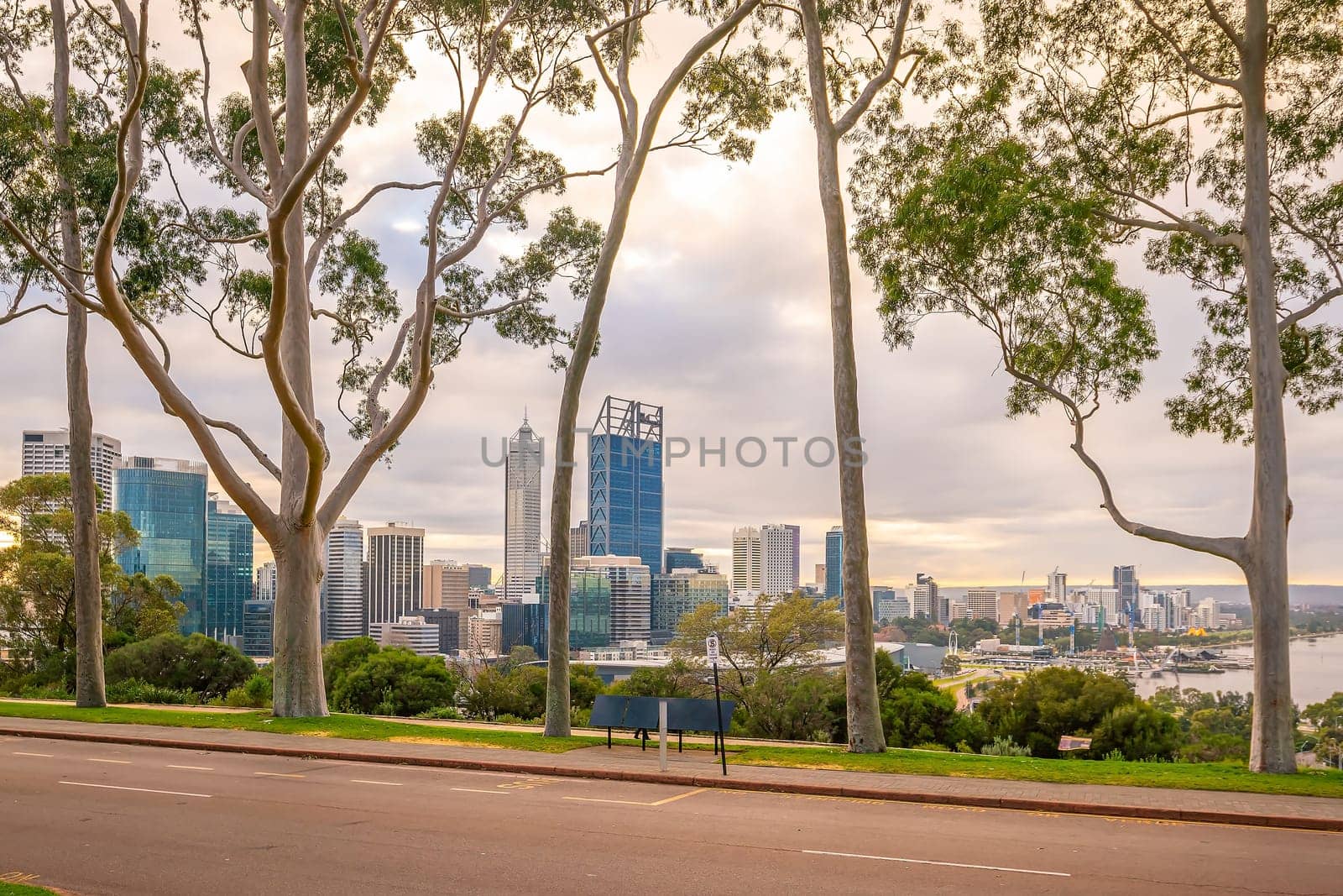 Perth downtown city skyline cityscape of Australia at sunset